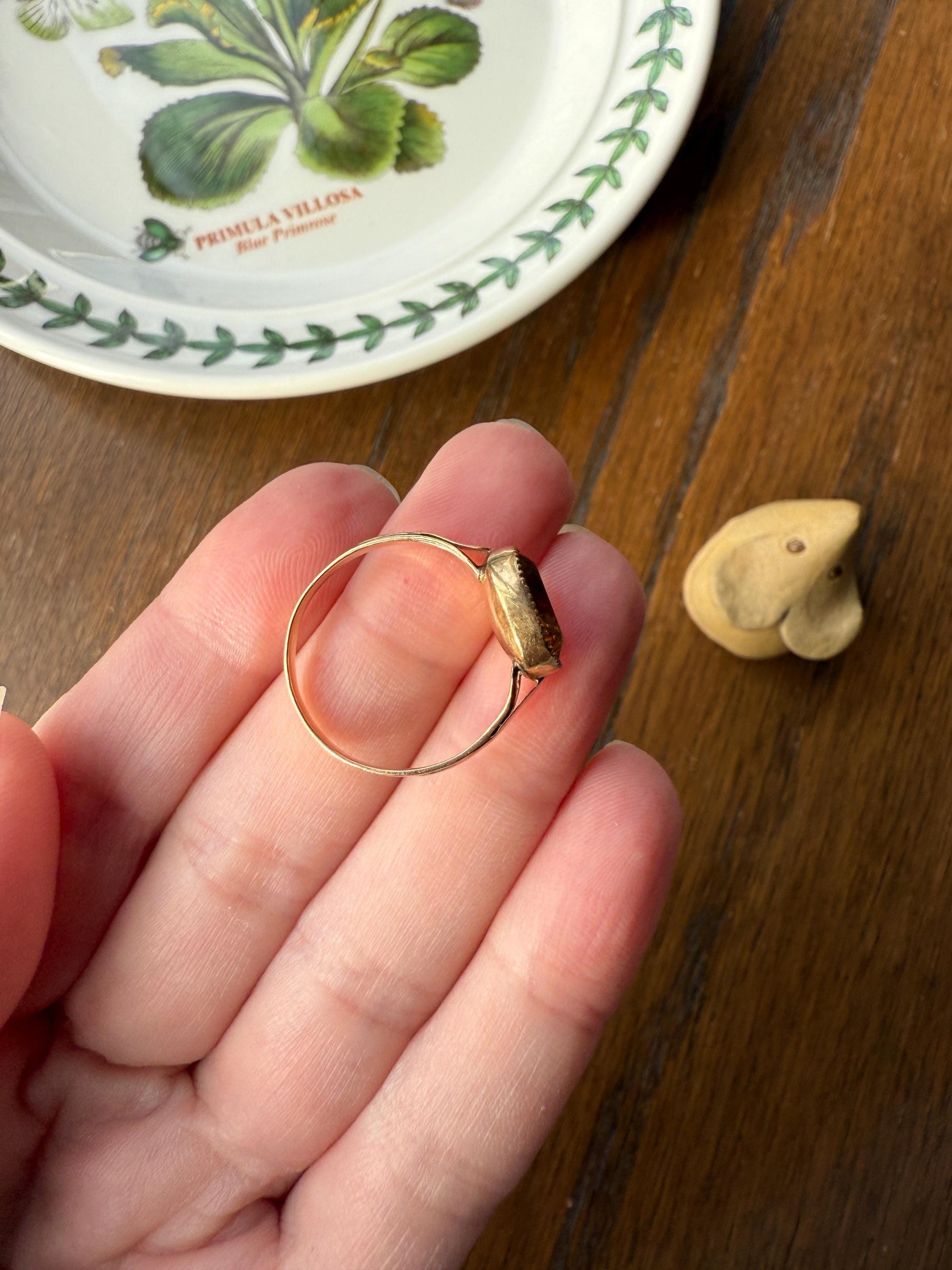 Original French Victorian Era Citrine East West Solitaire Ring 18k Gold Yellow "Vinegar & Oil" Red Foil Domed Back Unique Color Bezel Set