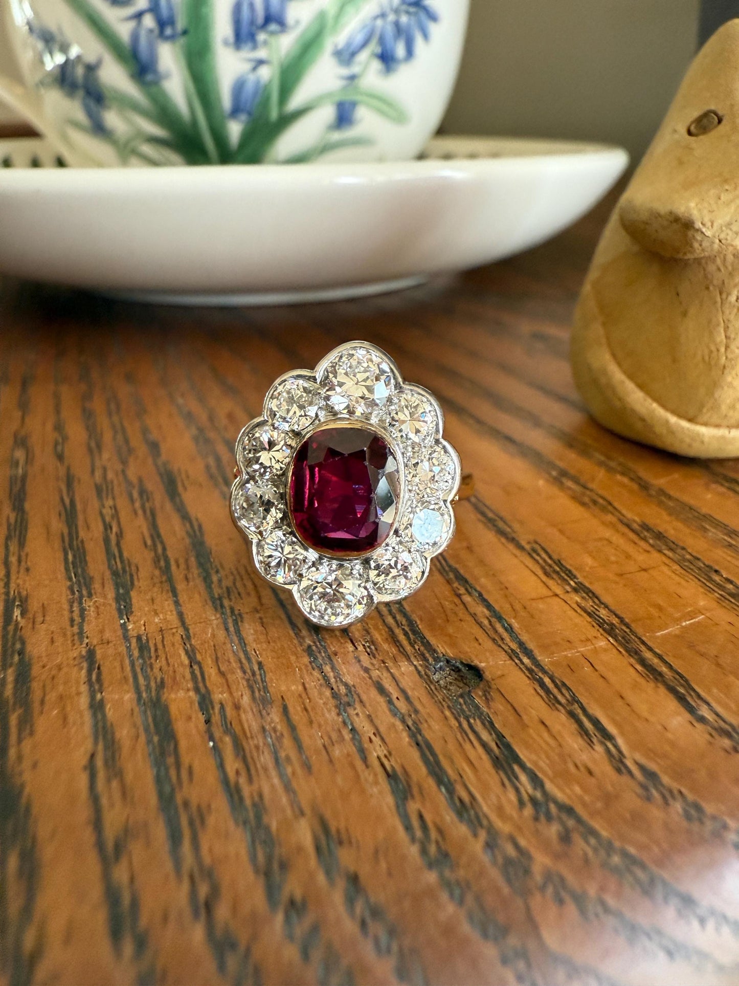 Natural RUBY Purplish Berry Red 2.2 CARATS Old European Cut DIAMOND Halo Ring 18k Gold Platinum Daisy Scalloped Elegant Classic