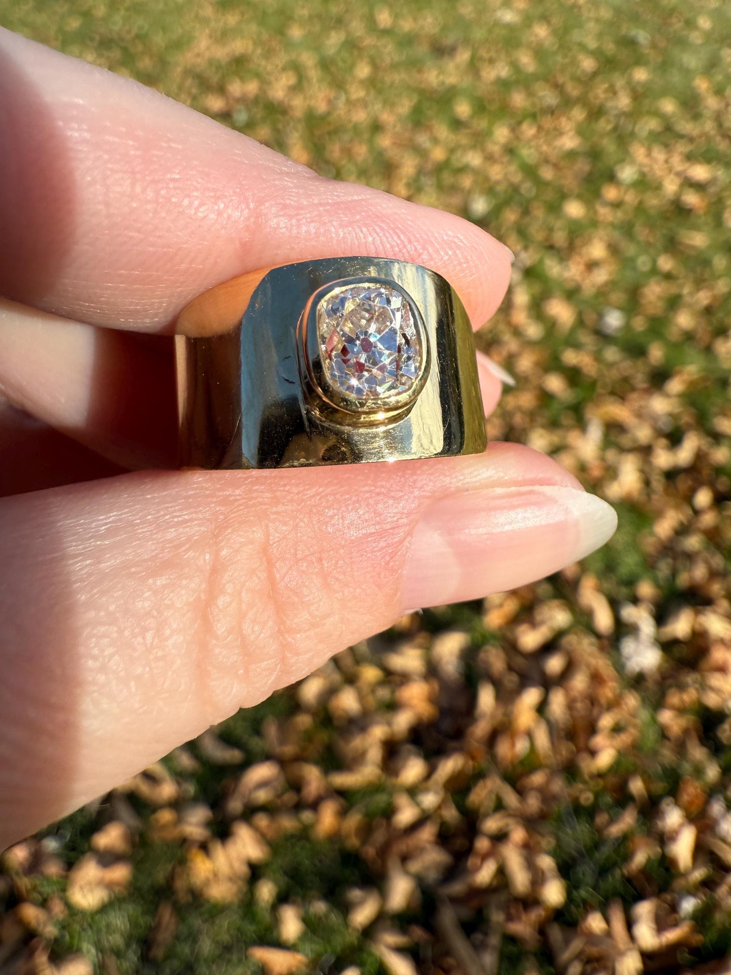 CHUNKY 1 Carat Old Mine Cut DIAMOND X Wide Cigar Band 8.5g 18k Gold Solid Ring Stacker Bezel Set Solitaire Sturdy Tapered Shimmer