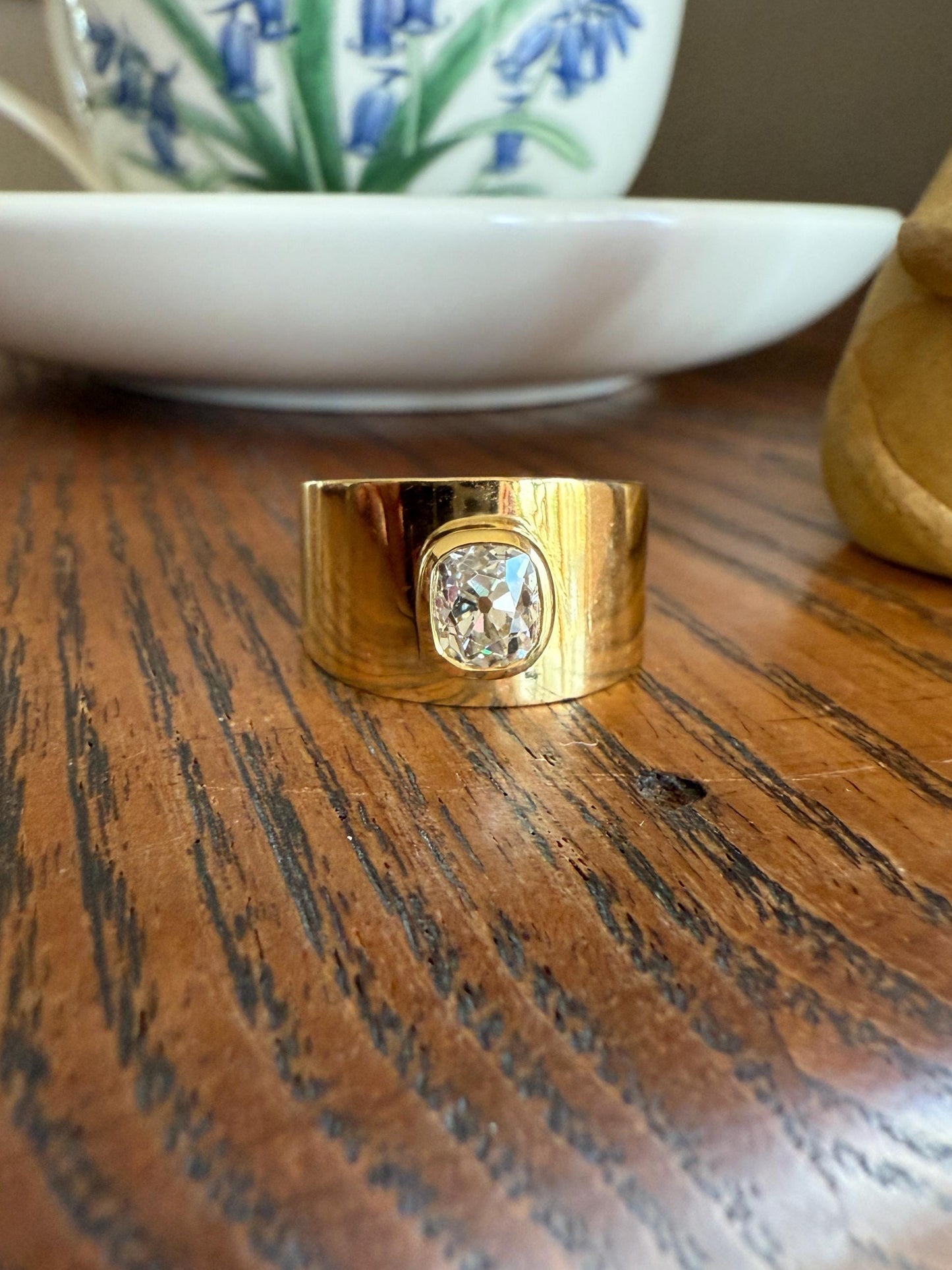CHUNKY 1 Carat Old Mine Cut DIAMOND X Wide Cigar Band 8.5g 18k Gold Solid Ring Stacker Bezel Set Solitaire Sturdy Tapered Shimmer