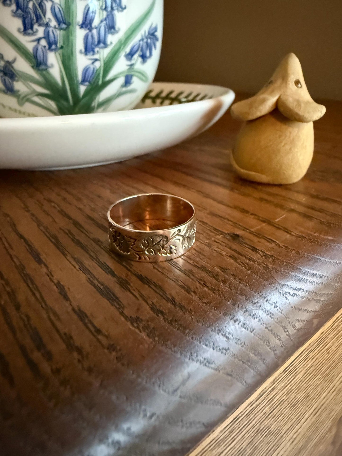 LEAVES Victorian Wedding Ring 7mm Wide Cigar Band Antique 10k Gold Solid Rosy Eternity Stacker Romantic Gift Geometric Double Line Leaf Vine