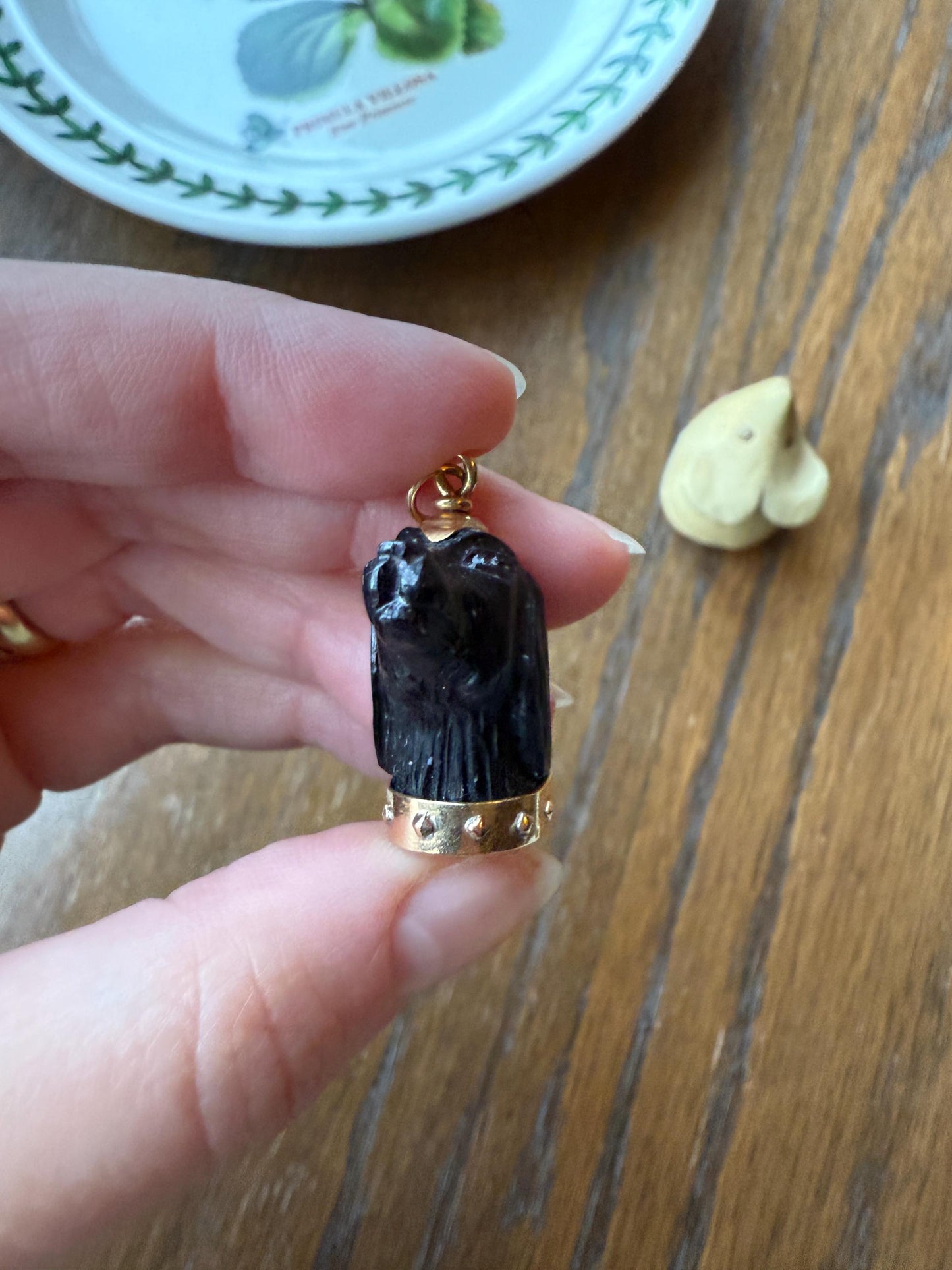 XL Victorian ANTIQUE Black Gutta Percha? 3D DOG Head Carved 18k Gold Ball Rivet Collar Figural Hunting Loyalty Hound Charm Pendant Fob