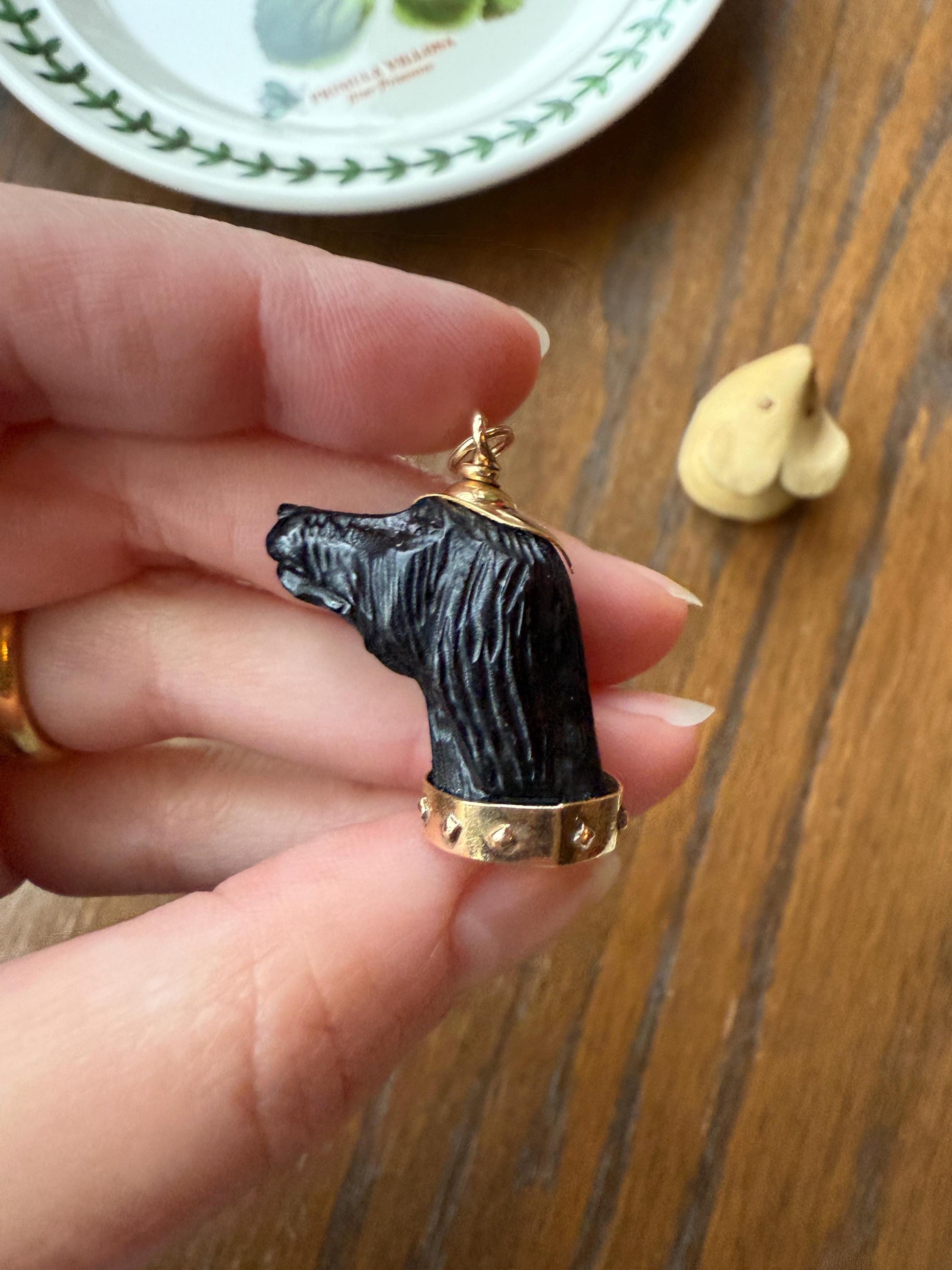 XL Victorian ANTIQUE Black Gutta Percha? 3D DOG Head Carved 18k Gold Ball Rivet Collar Figural Hunting Loyalty Hound Charm Pendant Fob