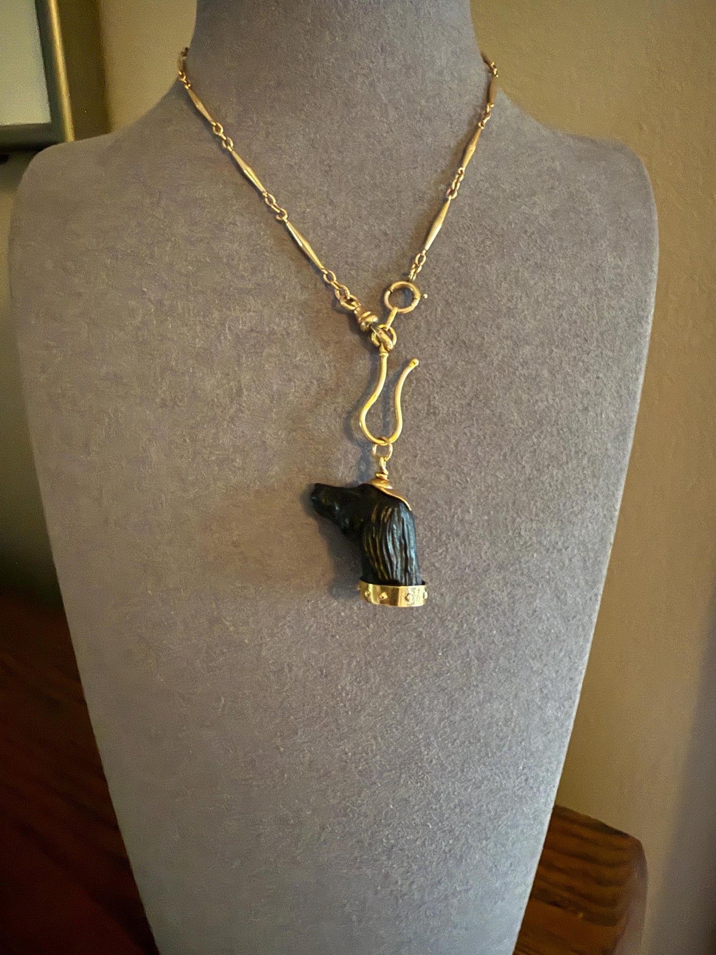 XL Victorian ANTIQUE Black Gutta Percha? 3D DOG Head Carved 18k Gold Ball Rivet Collar Figural Hunting Loyalty Hound Charm Pendant Fob