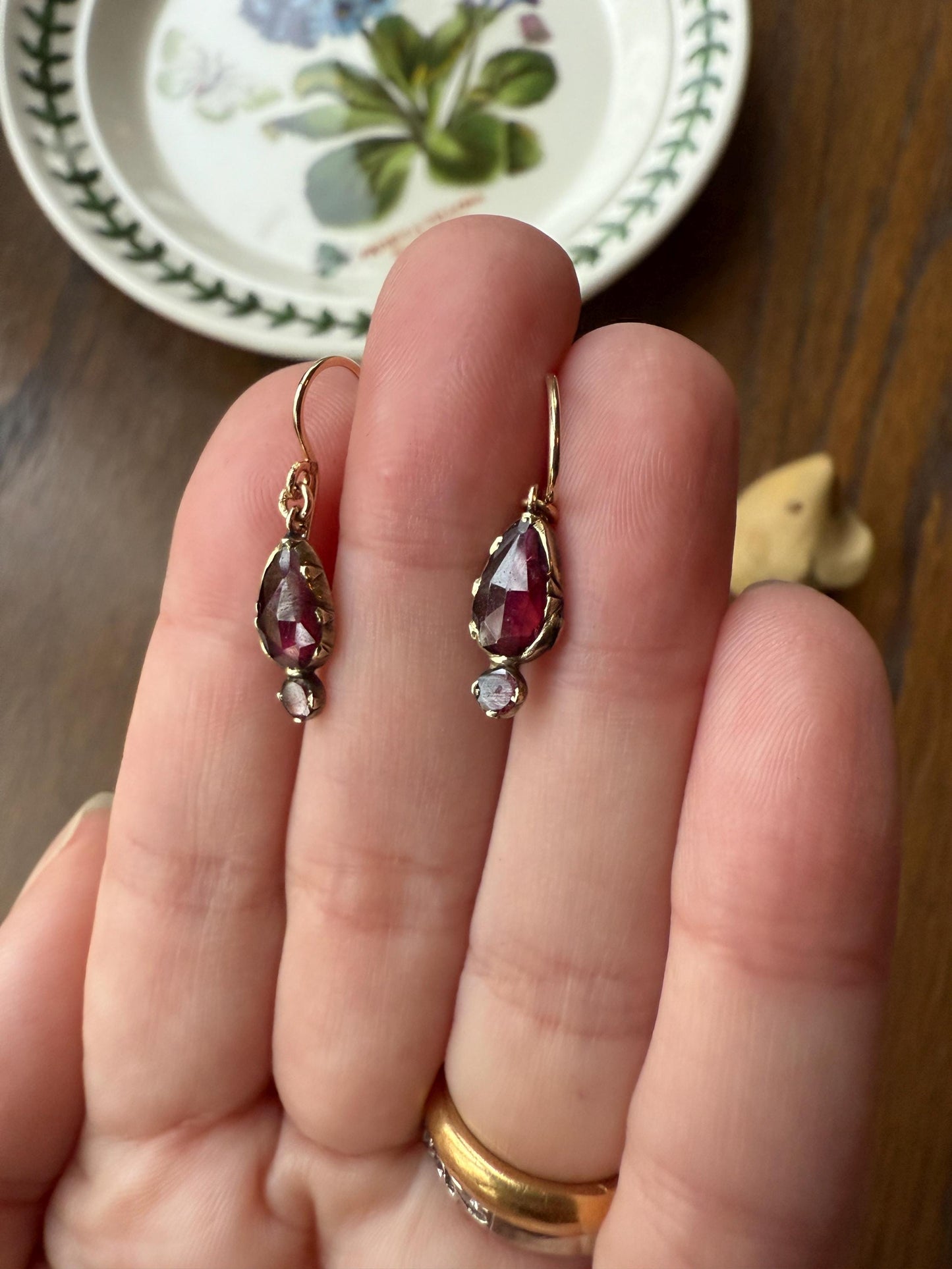 Teardrop Dangles Antique PERPIGNAN GARNET Earrings 18k Gold 14k Ear Wires French Dormouse Rose Cut Closed Back Almandine Glowing
