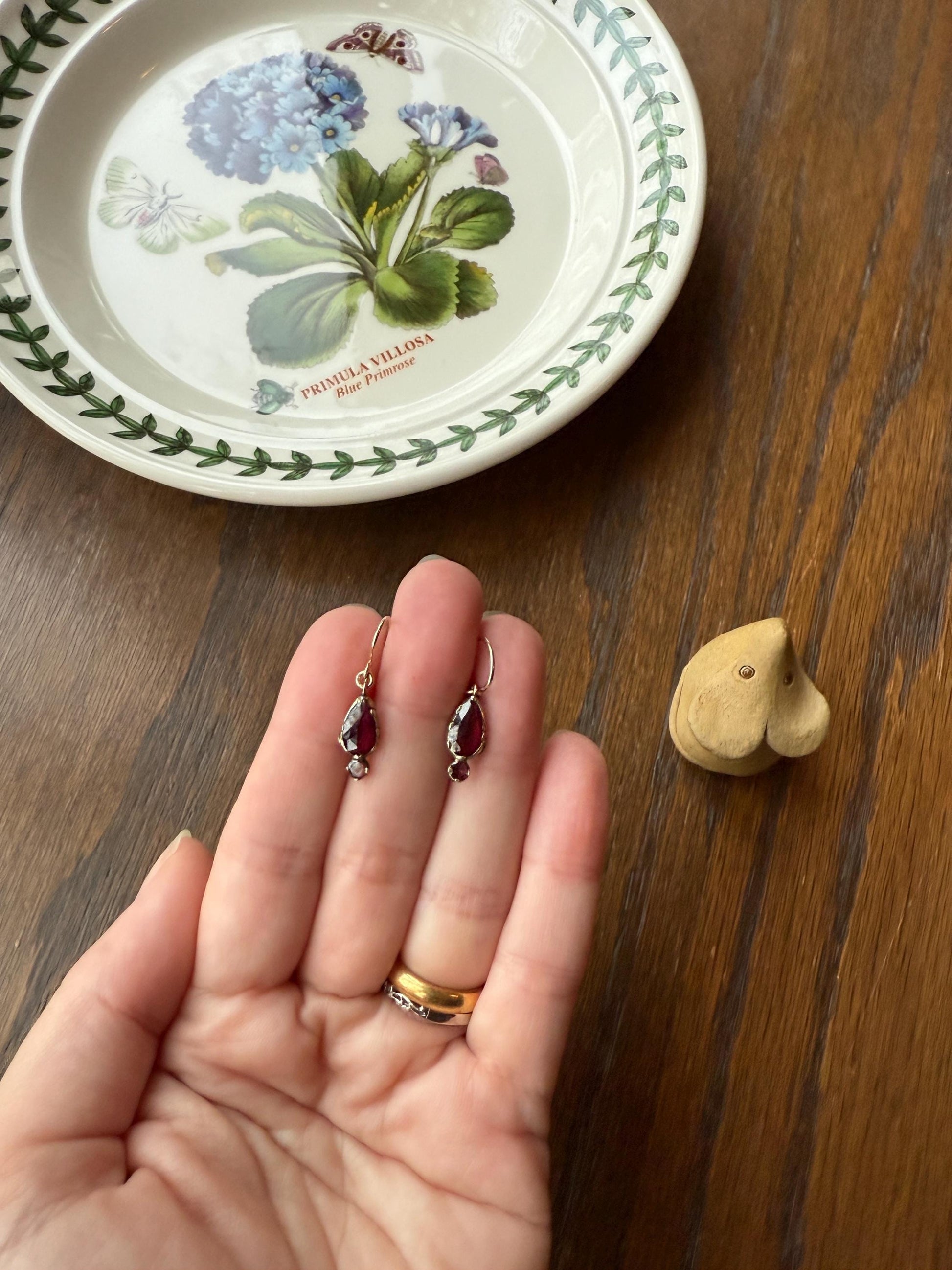 Teardrop Dangles Antique PERPIGNAN GARNET Earrings 18k Gold 14k Ear Wires French Dormouse Rose Cut Closed Back Almandine Glowing