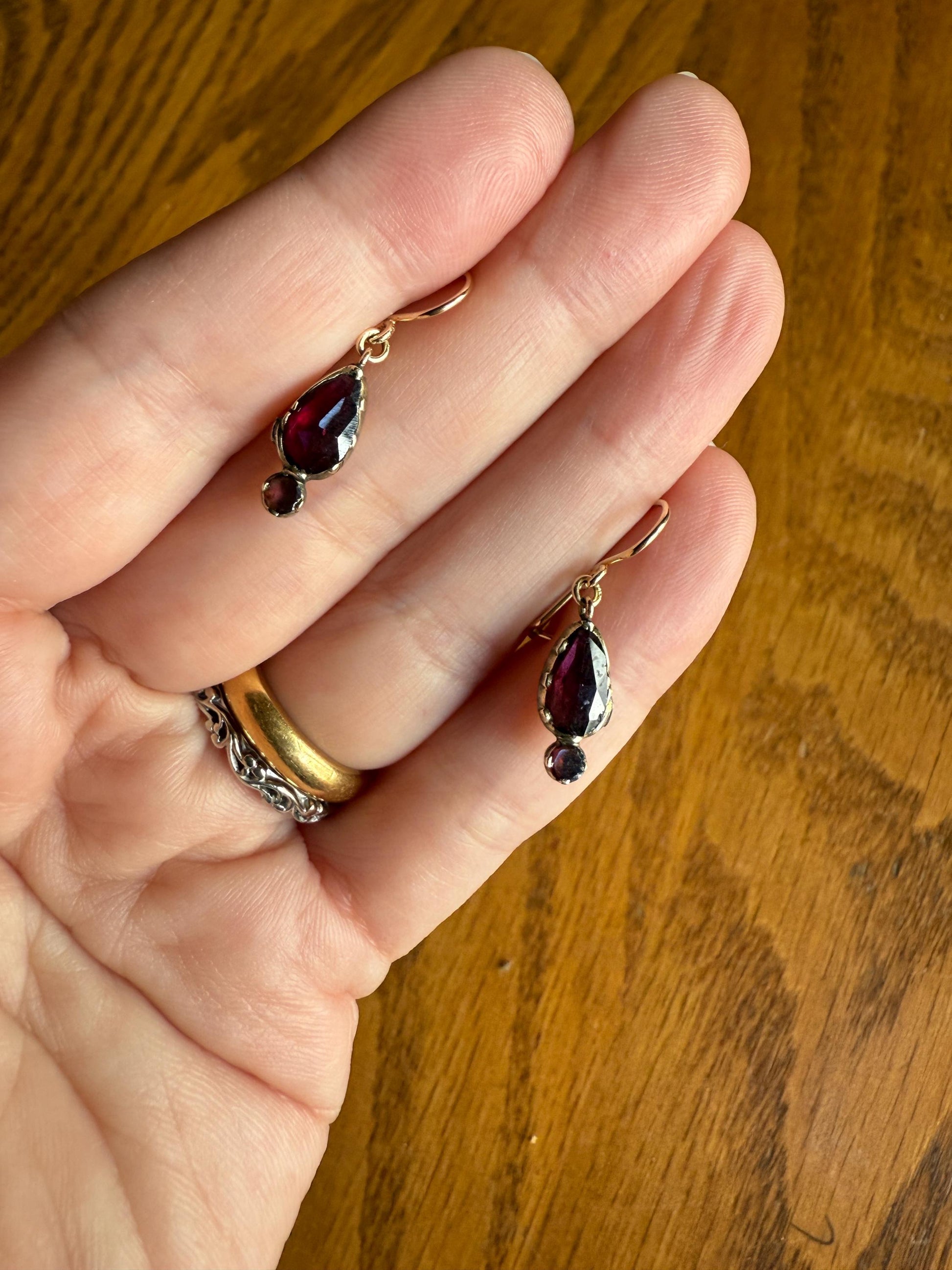 Teardrop Dangles Antique PERPIGNAN GARNET Earrings 18k Gold 14k Ear Wires French Dormouse Rose Cut Closed Back Almandine Glowing