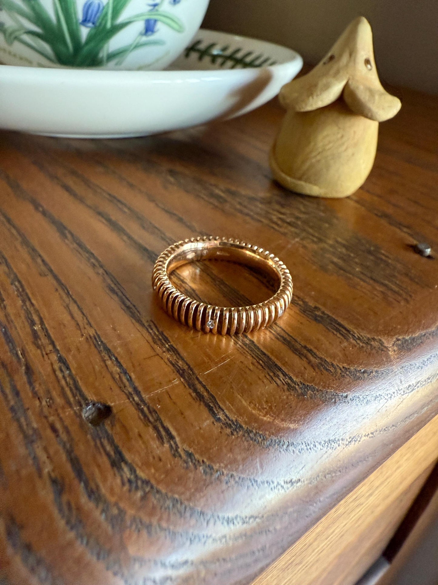 Coiled "Spring" Diamond Comfort Fit DONUT Band 4.1g 18k Rose Gold Vintage Textured Stacker Wedding Eternity Ring Chunky Tube Ribbed Retro