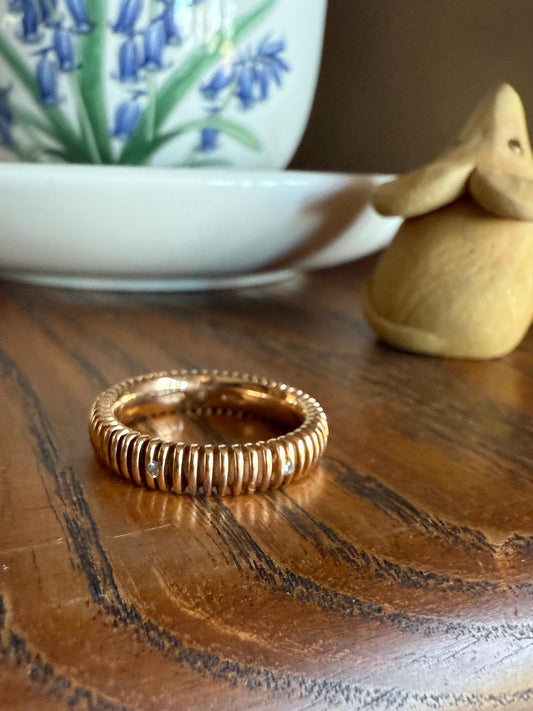 Coiled "Spring" Diamond Comfort Fit DONUT Band 4.1g 18k Rose Gold Vintage Textured Stacker Wedding Eternity Ring Chunky Tube Ribbed Retro