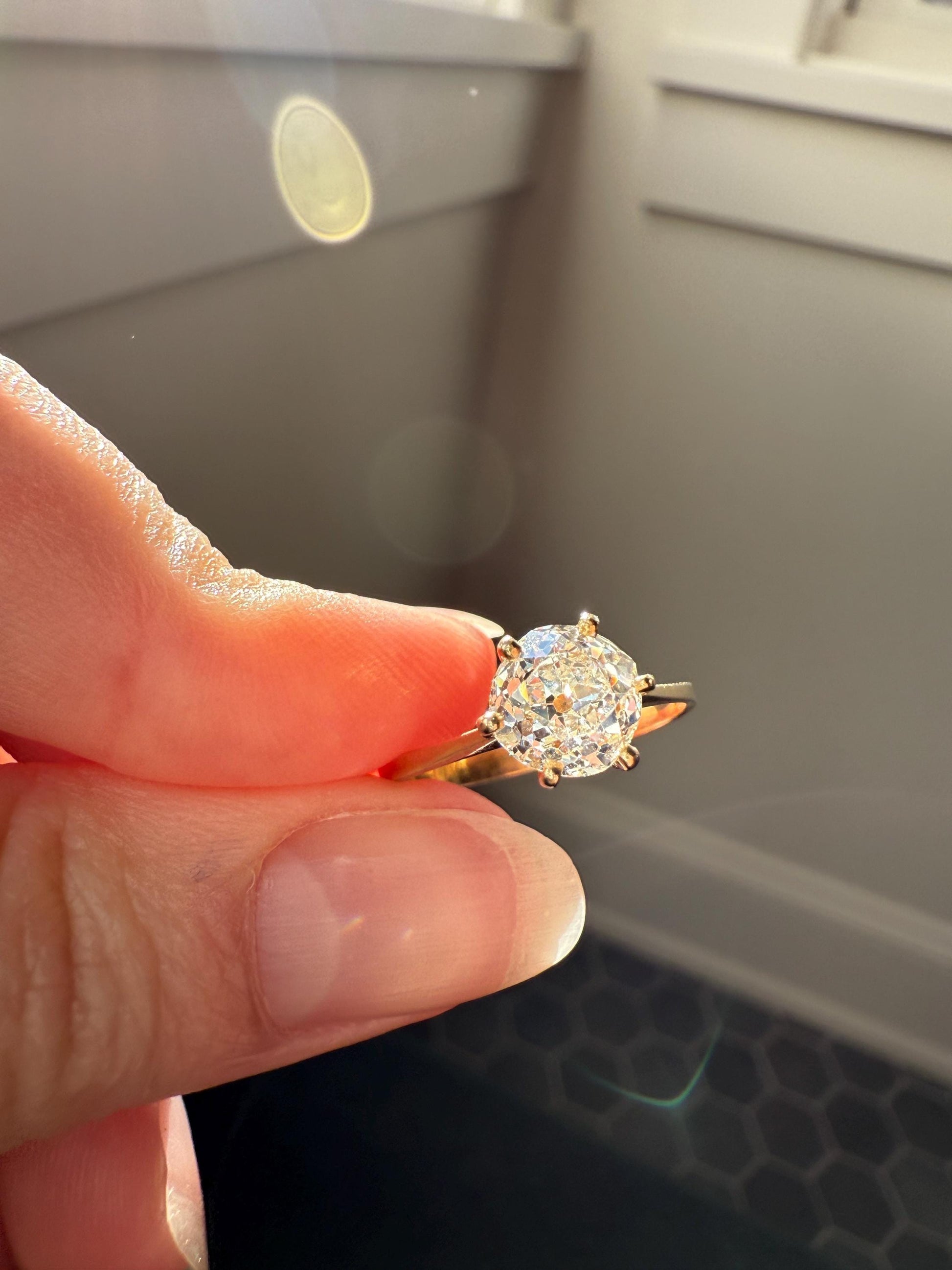 Vintage EYE CLEAN 1.2 Carat French Solitaire Ring Chunky Antique Cushion Old Mine Cut DIAMOND 18k Gold Band Engagement Romantic Gift 1Ct OmC