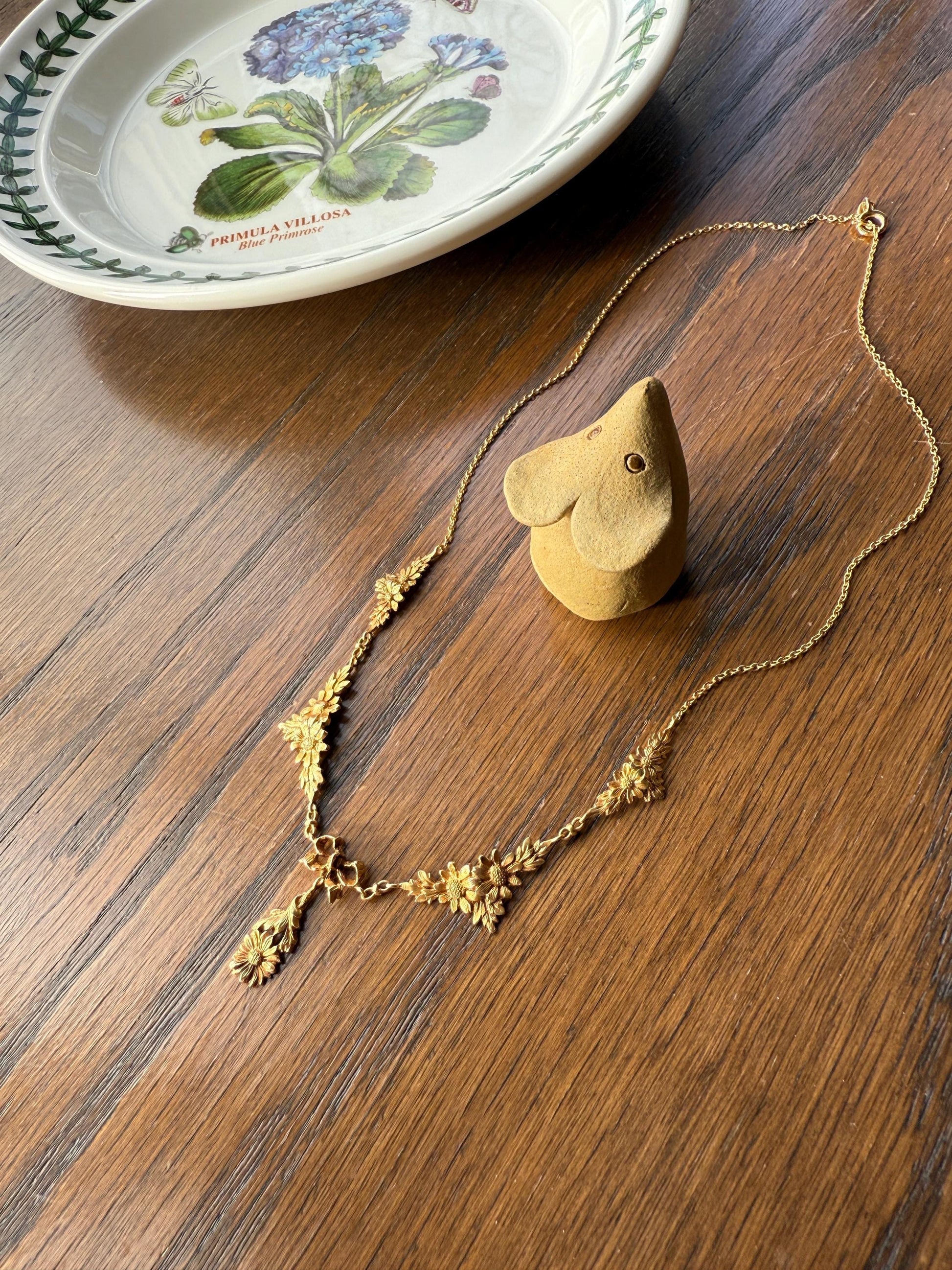 DAISY Garland Figural Chain French Art Nouveau Antique 8g 18k Gold Bow Necklace Drapery Collar Pendants Figural Floral Belle Epoque