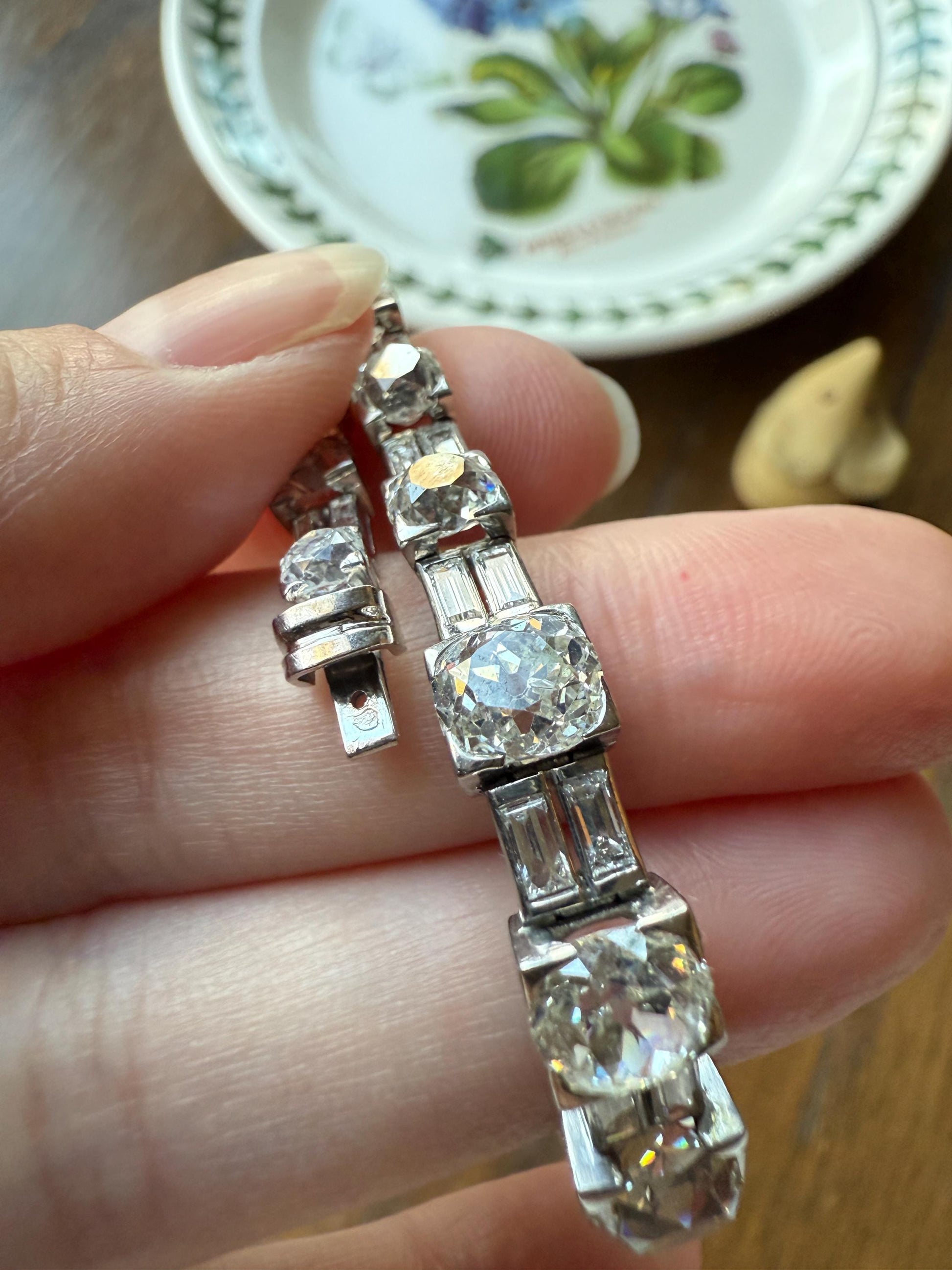 Art Deco 22 CARAT Old Mine Cut DIAMOND Baguette Spacers Tennis Line Bracelet Boxed French Antique 18k White Gold Wriststack OMC Eye Clean