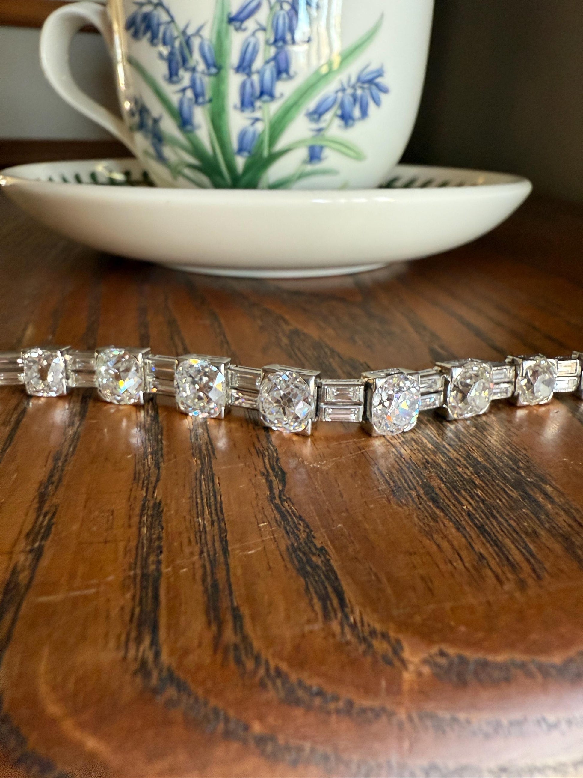 Art Deco 22 CARAT Old Mine Cut DIAMOND Baguette Spacers Tennis Line Bracelet Boxed French Antique 18k White Gold Wriststack OMC Eye Clean