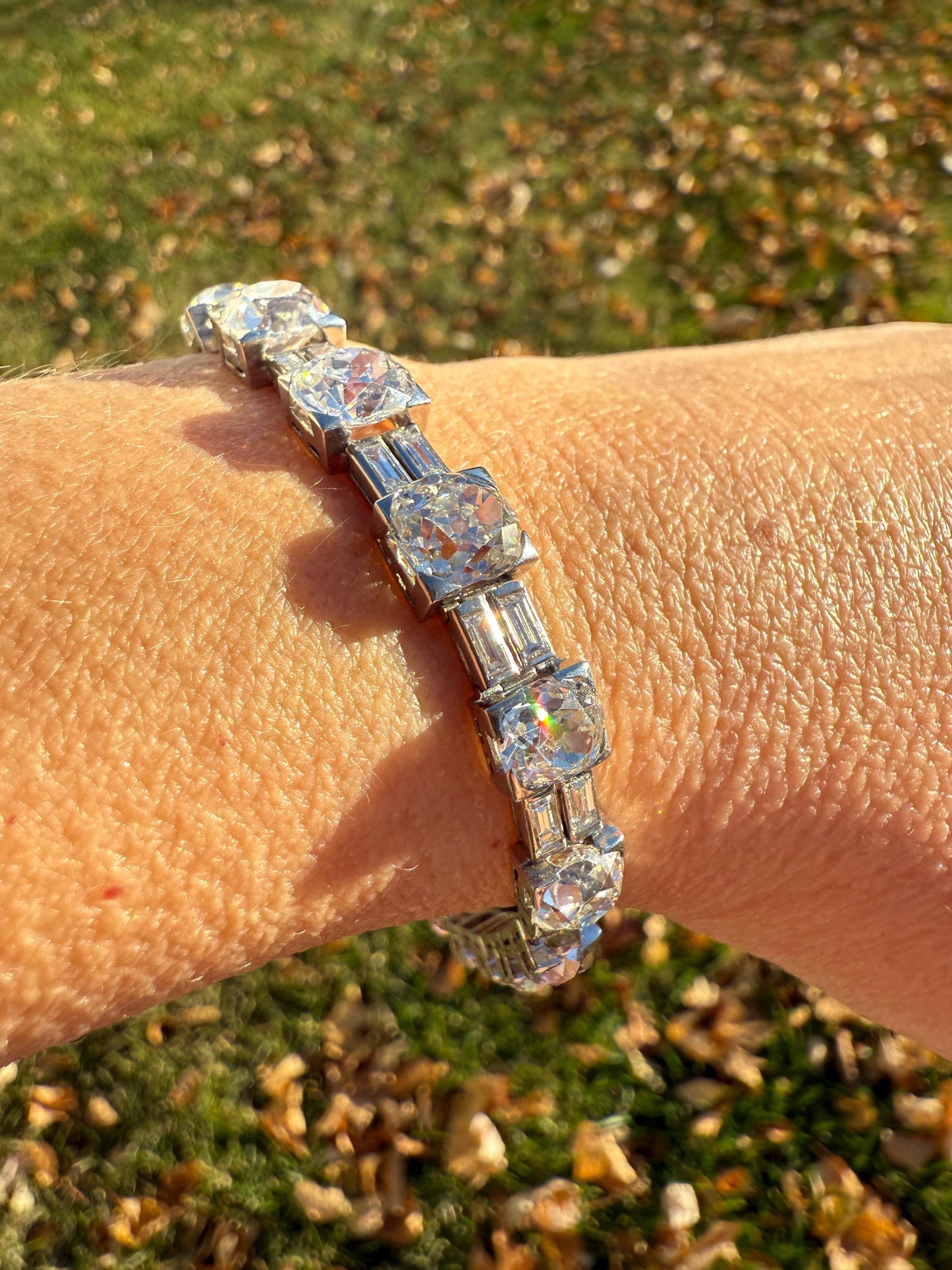 Art Deco 22 CARAT Old Mine Cut DIAMOND Baguette Spacers Tennis Line Bracelet Boxed French Antique 18k White Gold Wriststack OMC Eye Clean