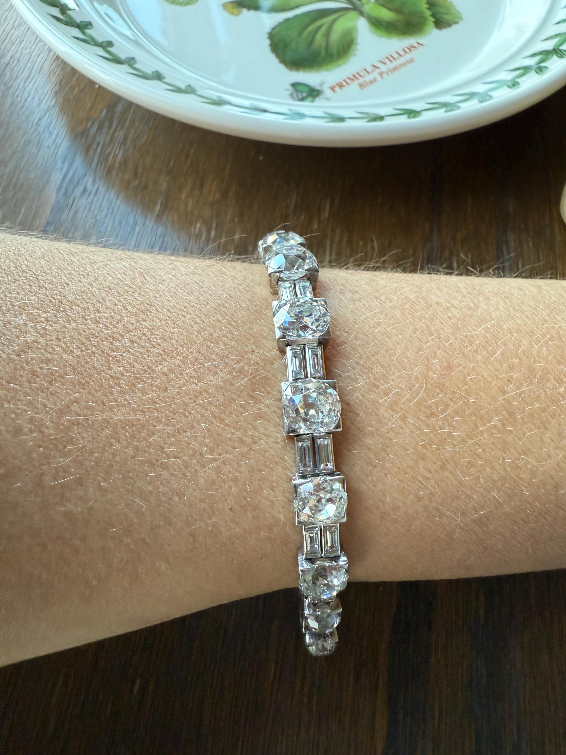 Art Deco 22 CARAT Old Mine Cut DIAMOND Baguette Spacers Tennis Line Bracelet Boxed French Antique 18k White Gold Wriststack OMC Eye Clean