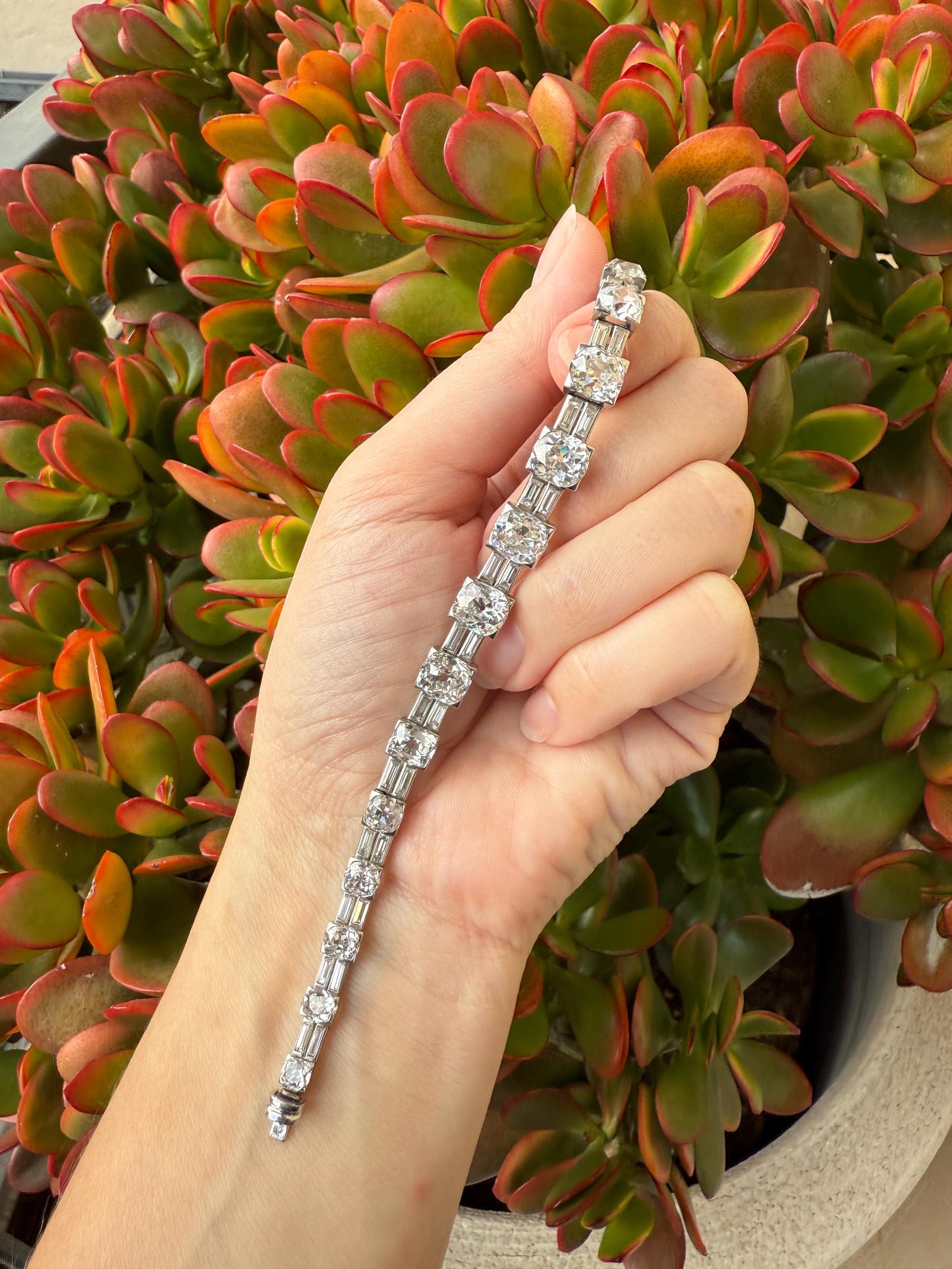 Art Deco 22 CARAT Old Mine Cut DIAMOND Baguette Spacers Tennis Line Bracelet Boxed French Antique 18k White Gold Wriststack OMC Eye Clean