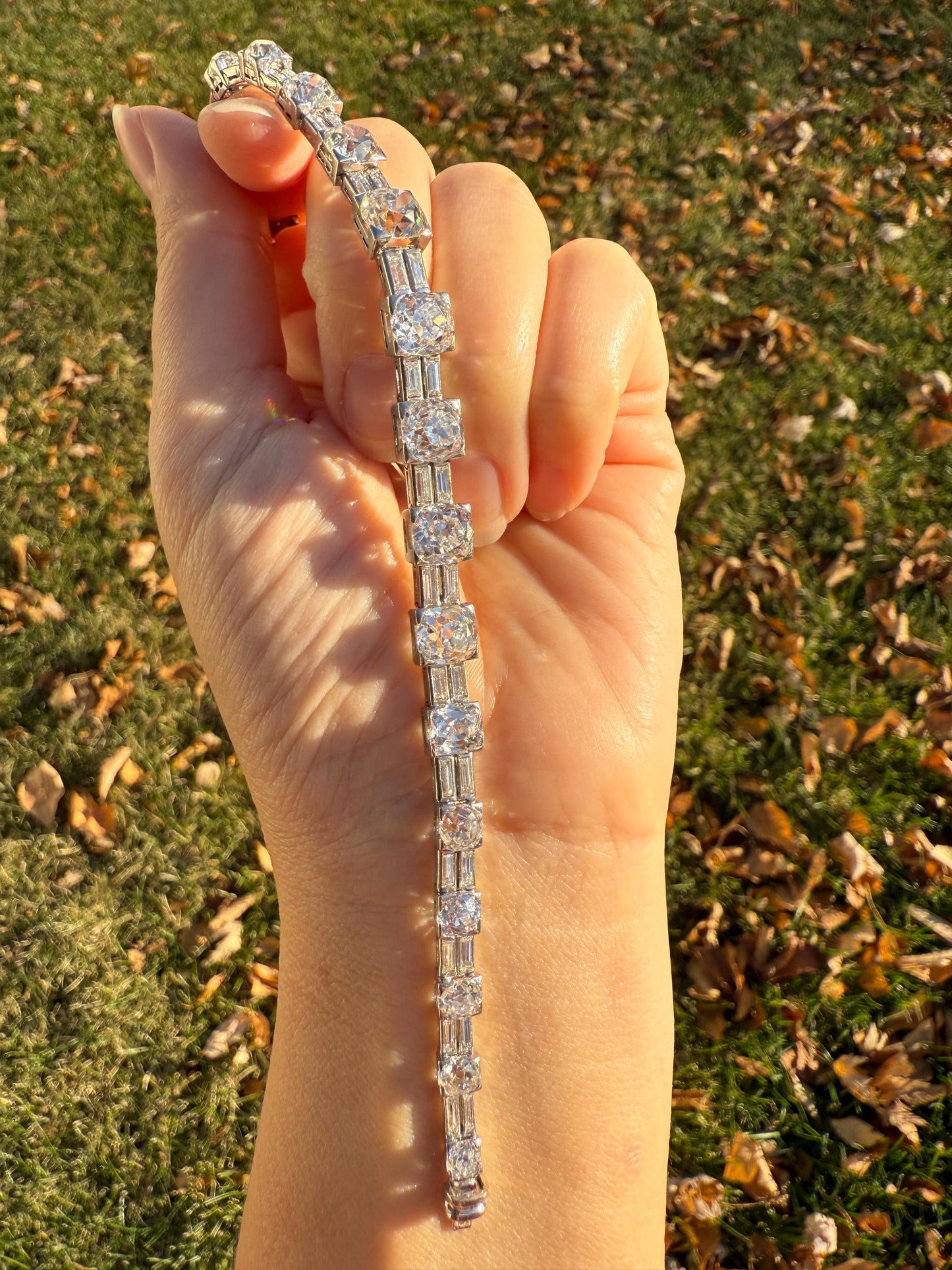 Art Deco 22 CARAT Old Mine Cut DIAMOND Baguette Spacers Tennis Line Bracelet Boxed French Antique 18k White Gold Wriststack OMC Eye Clean