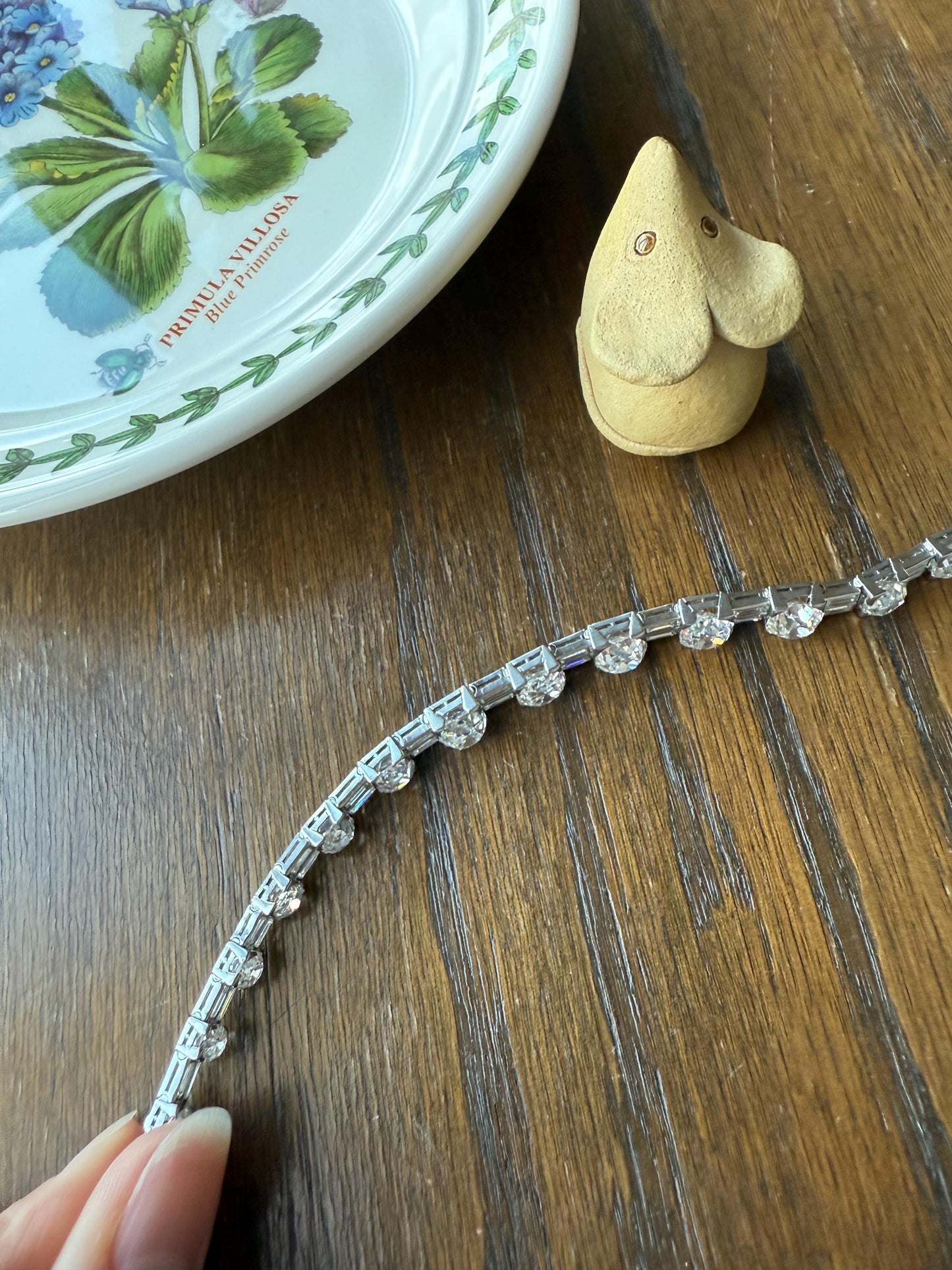 Art Deco 22 CARAT Old Mine Cut DIAMOND Baguette Spacers Tennis Line Bracelet Boxed French Antique 18k White Gold Wriststack OMC Eye Clean