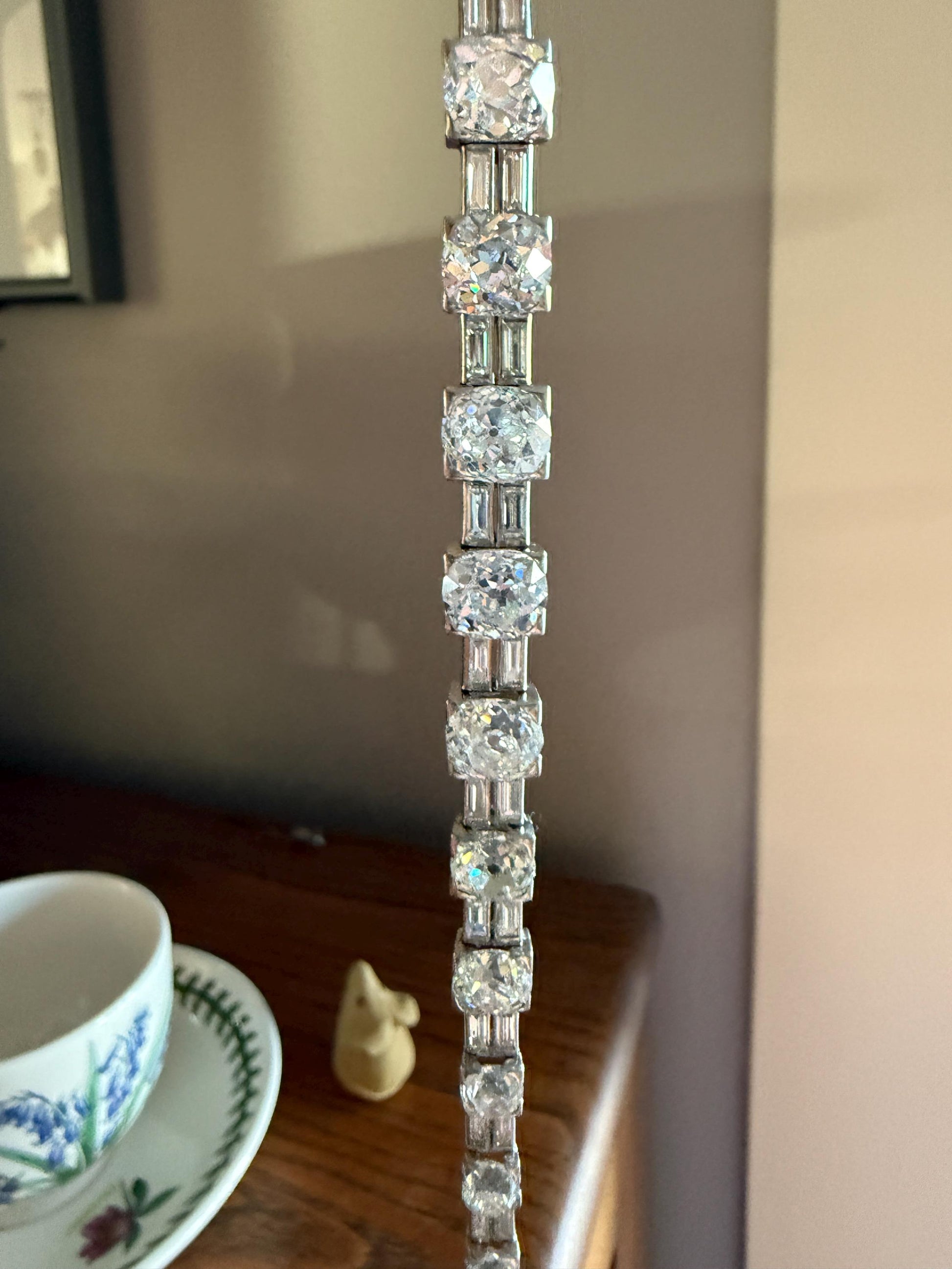Art Deco 22 CARAT Old Mine Cut DIAMOND Baguette Spacers Tennis Line Bracelet Boxed French Antique 18k White Gold Wriststack OMC Eye Clean