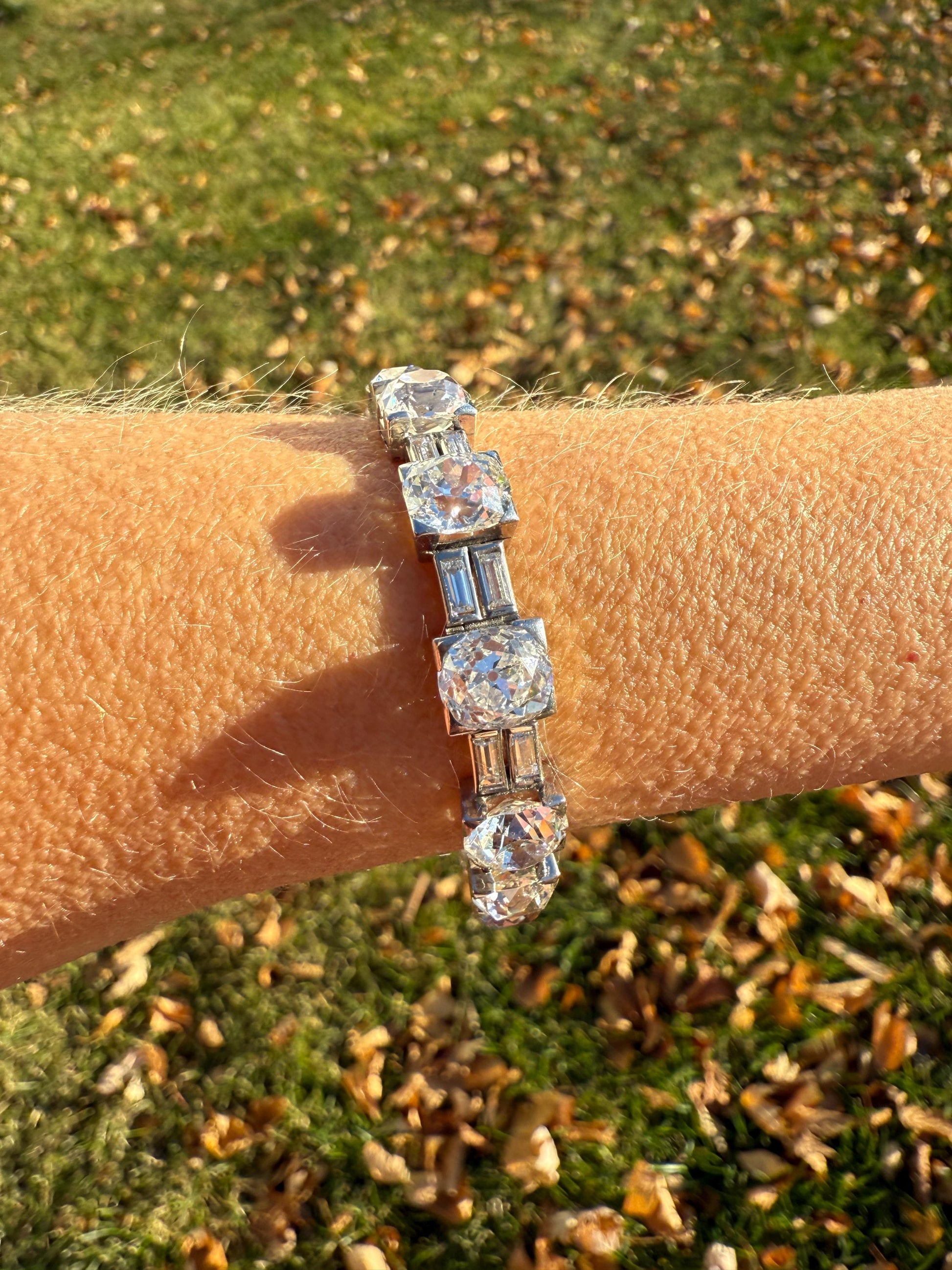 Art Deco 22 CARAT Old Mine Cut DIAMOND Baguette Spacers Tennis Line Bracelet Boxed French Antique 18k White Gold Wriststack OMC Eye Clean