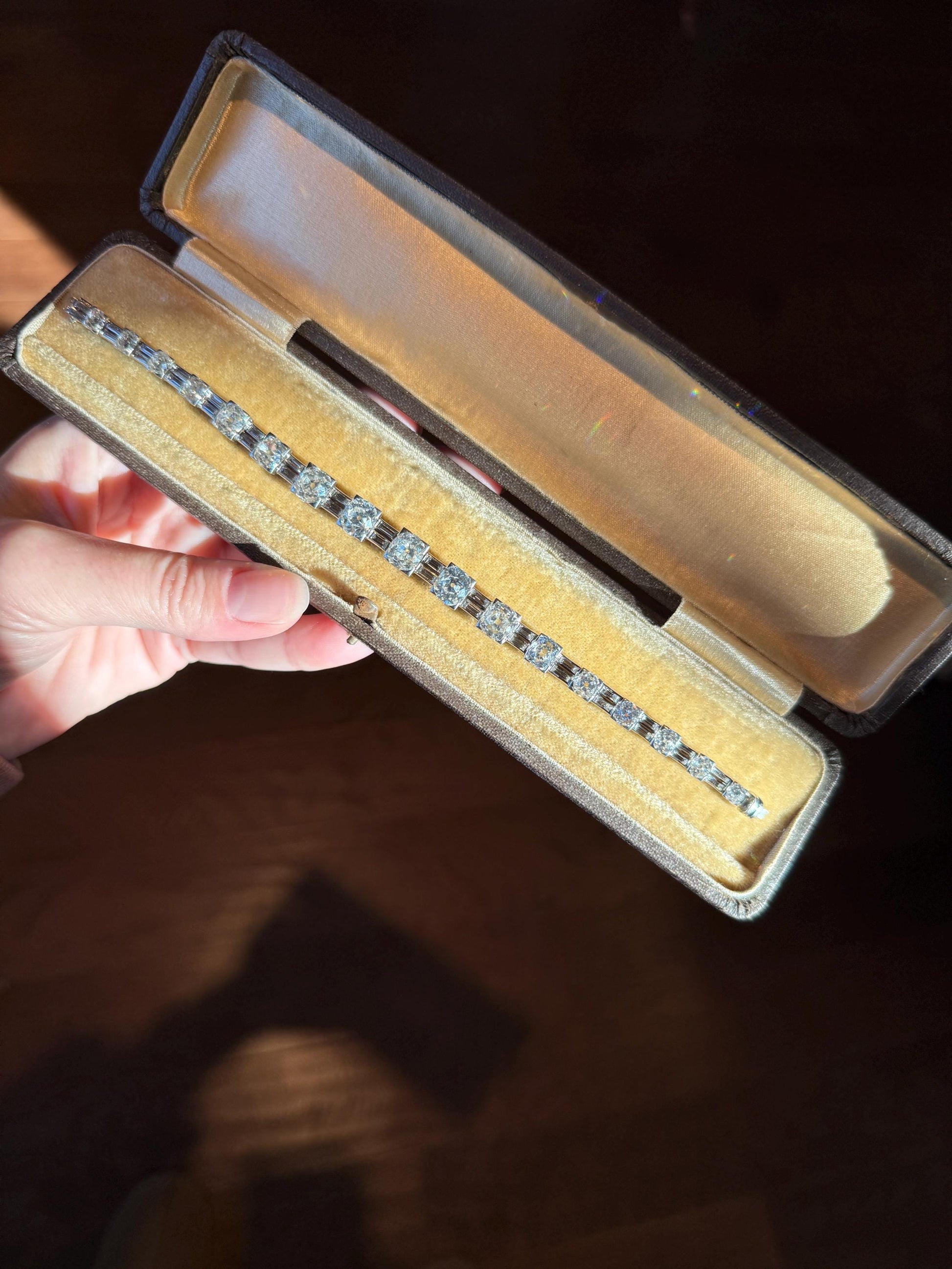 Art Deco 22 CARAT Old Mine Cut DIAMOND Baguette Spacers Tennis Line Bracelet Boxed French Antique 18k White Gold Wriststack OMC Eye Clean