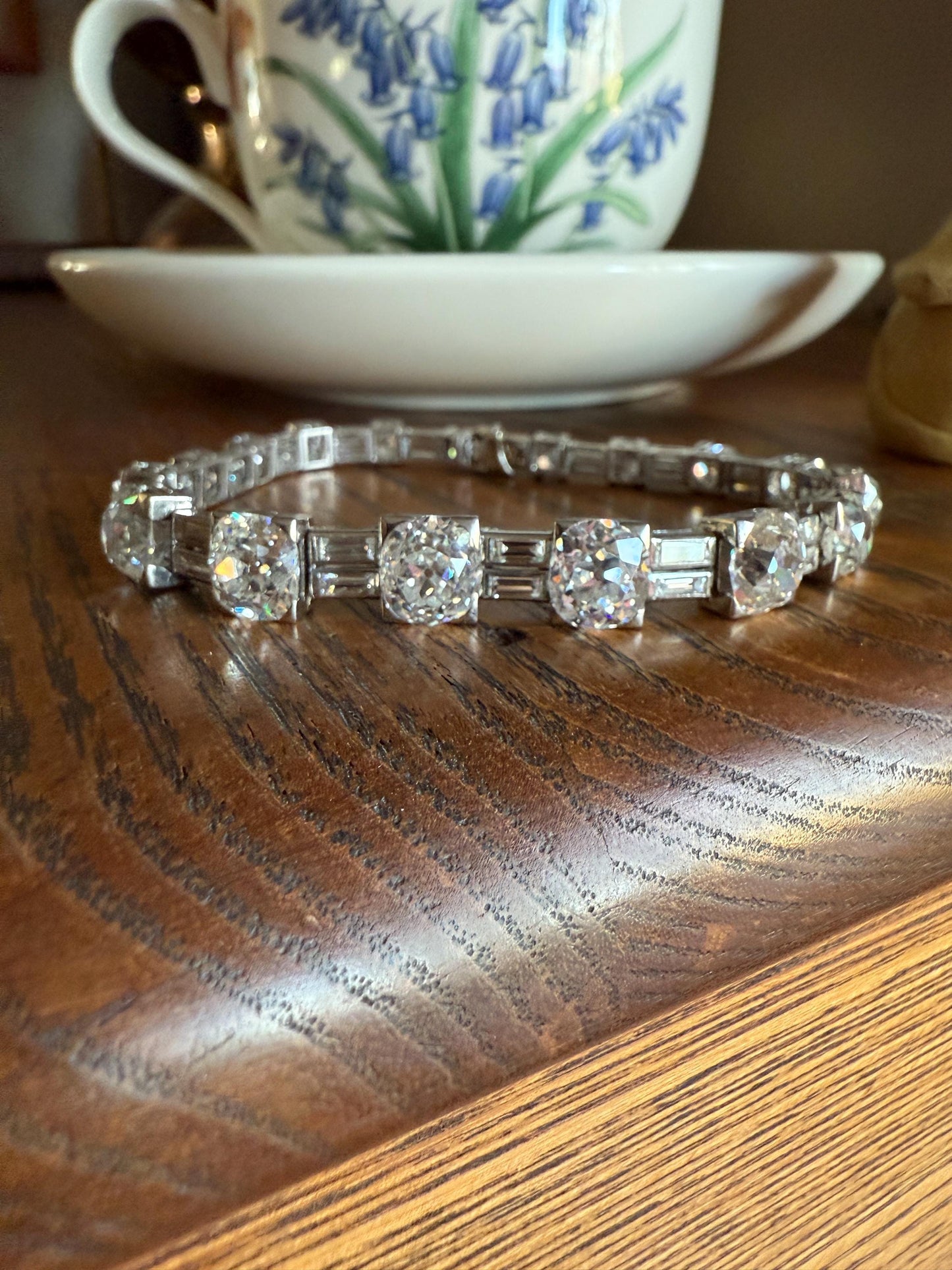 Art Deco 22 CARAT Old Mine Cut DIAMOND Baguette Spacers Tennis Line Bracelet Boxed French Antique 18k White Gold Wriststack OMC Eye Clean