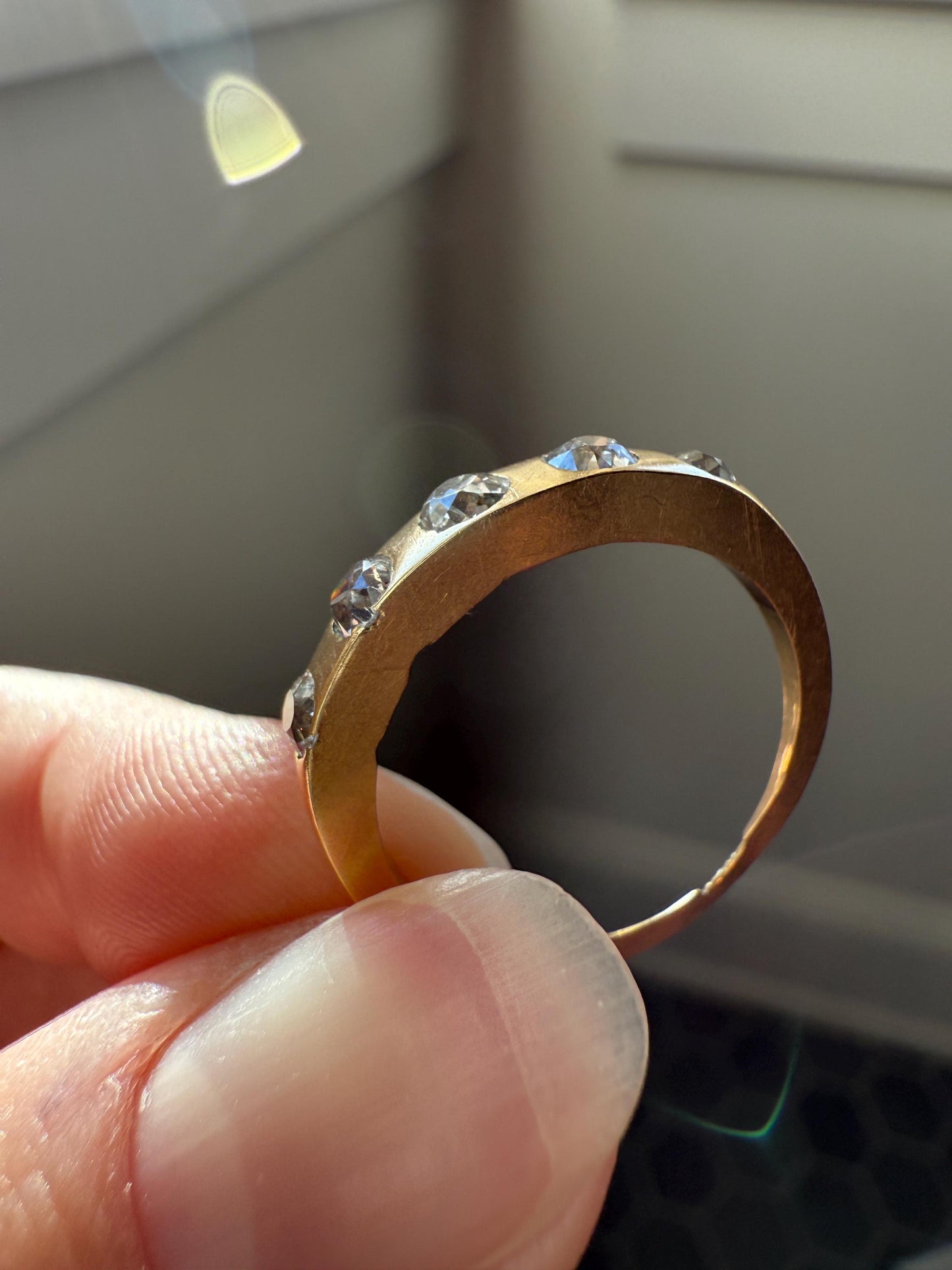 Antique Five Stone 0.7 Carat Old Mine Cut DIAMOND 18k Gold Solid Skinny Stacker Band Flush Mount Flat Edge Sliced .7Ctw