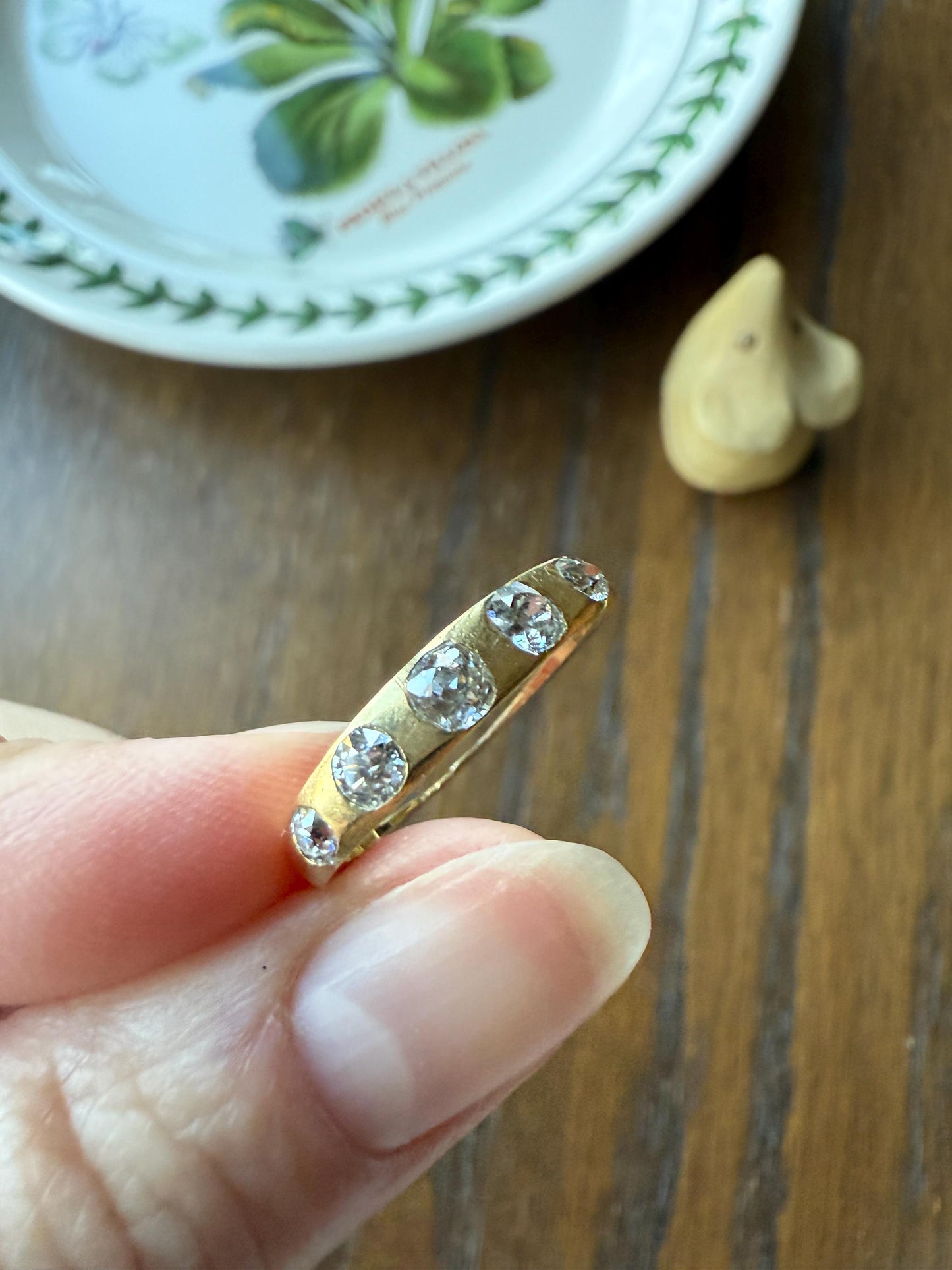 Antique Five Stone 0.7 Carat Old Mine Cut DIAMOND 18k Gold Solid Skinny Stacker Band Flush Mount Flat Edge Sliced .7Ctw