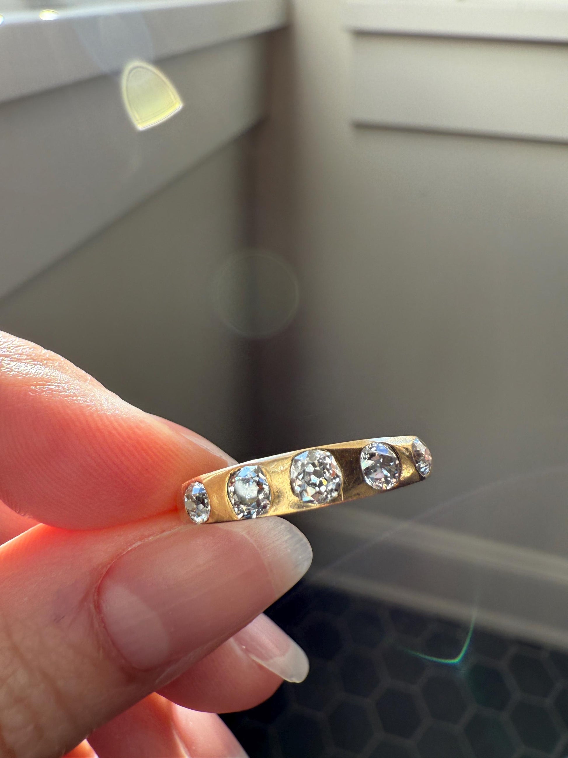 Antique Five Stone 0.7 Carat Old Mine Cut DIAMOND 18k Gold Solid Skinny Stacker Band Flush Mount Flat Edge Sliced .7Ctw