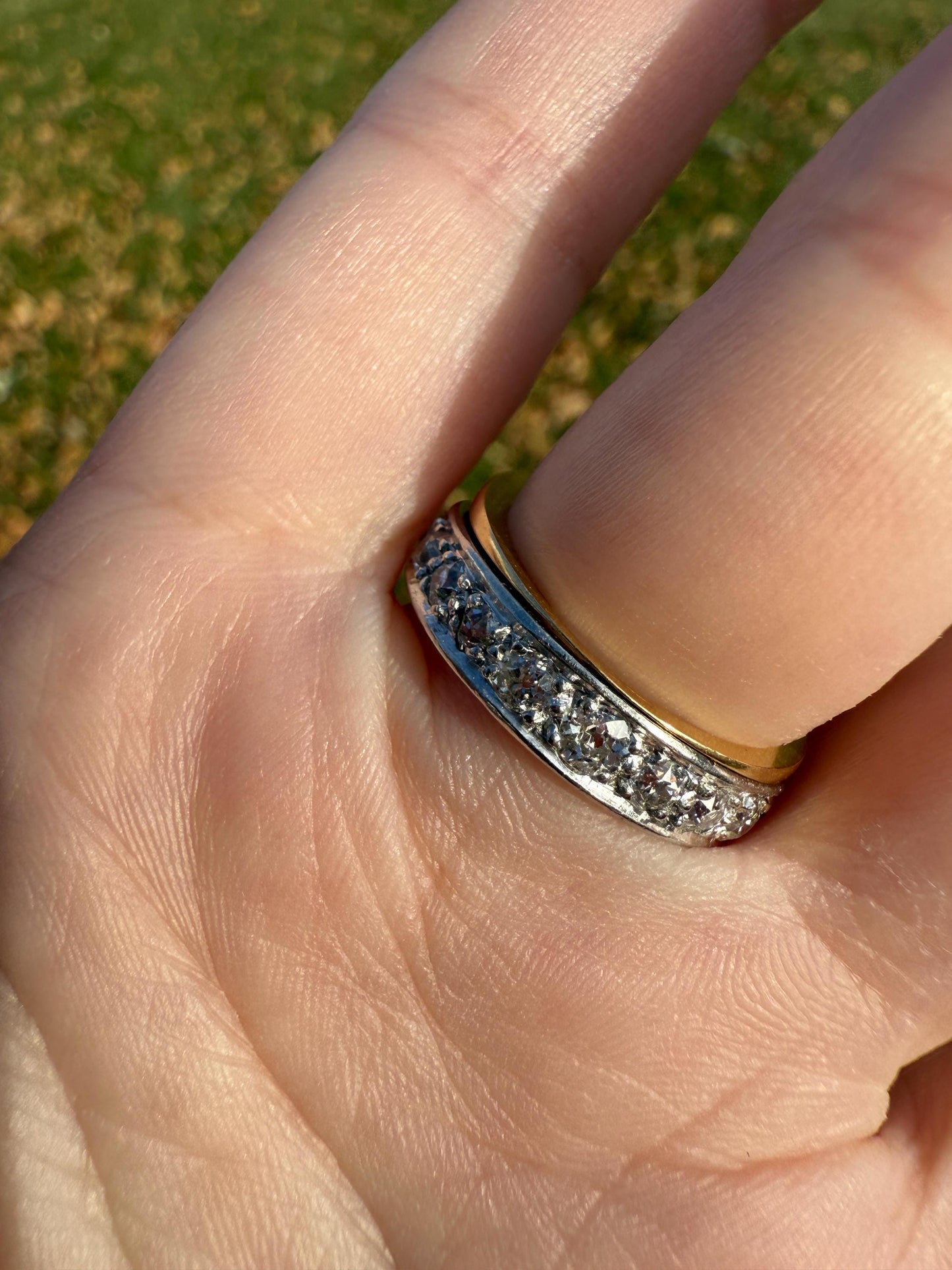 Antique Five Stone 0.7 Carat Old Mine Cut DIAMOND 18k Gold Solid Skinny Stacker Band Flush Mount Flat Edge Sliced .7Ctw