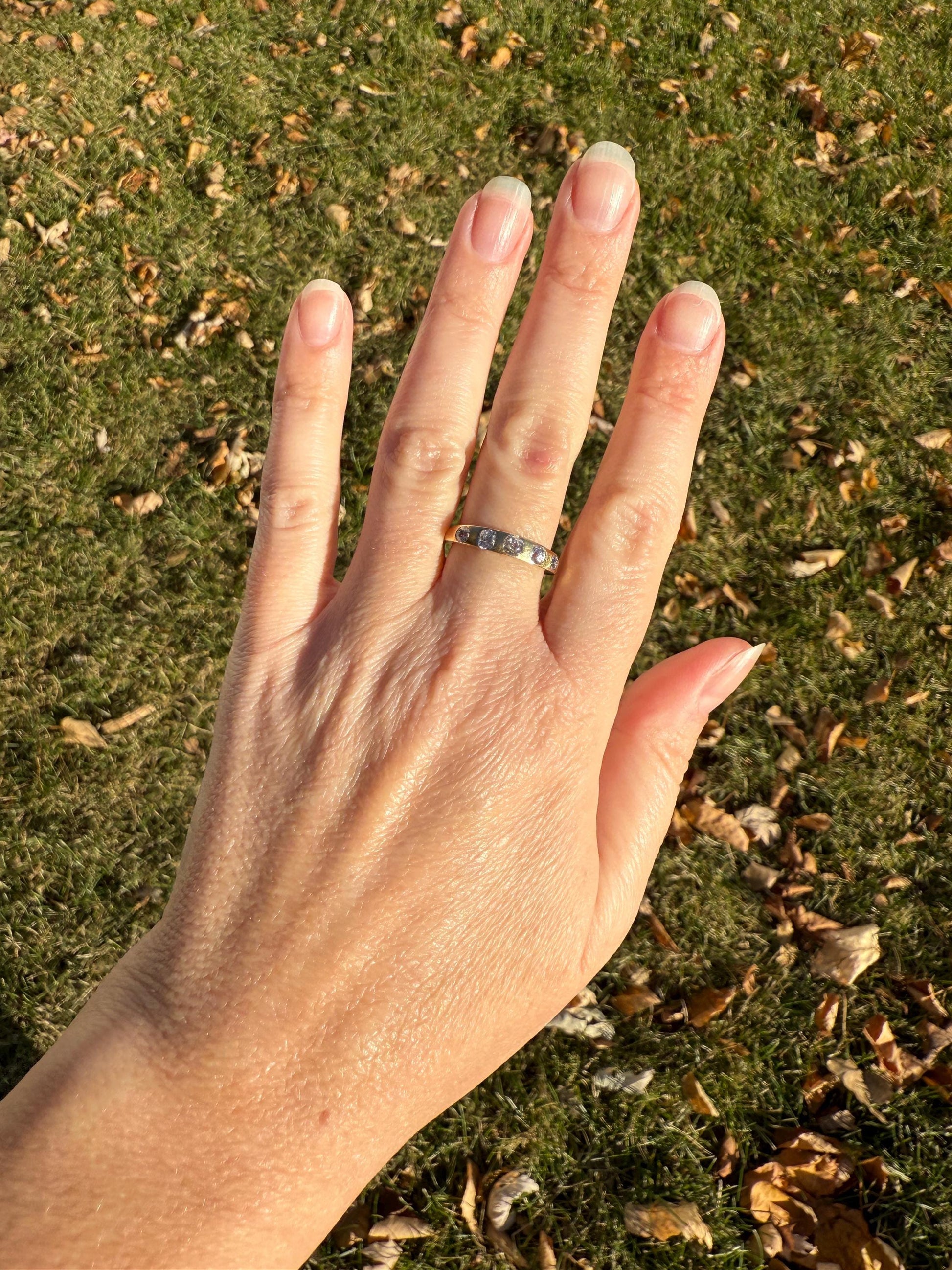 Antique Five Stone 0.7 Carat Old Mine Cut DIAMOND 18k Gold Solid Skinny Stacker Band Flush Mount Flat Edge Sliced .7Ctw