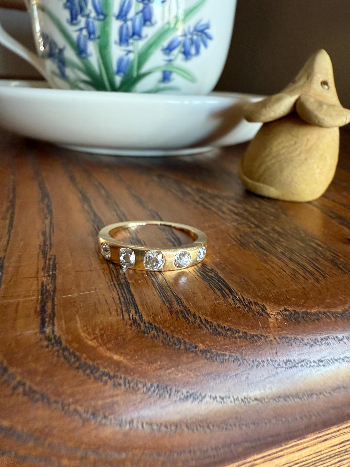 Antique Five Stone 0.7 Carat Old Mine Cut DIAMOND 18k Gold Solid Skinny Stacker Band Flush Mount Flat Edge Sliced .7Ctw