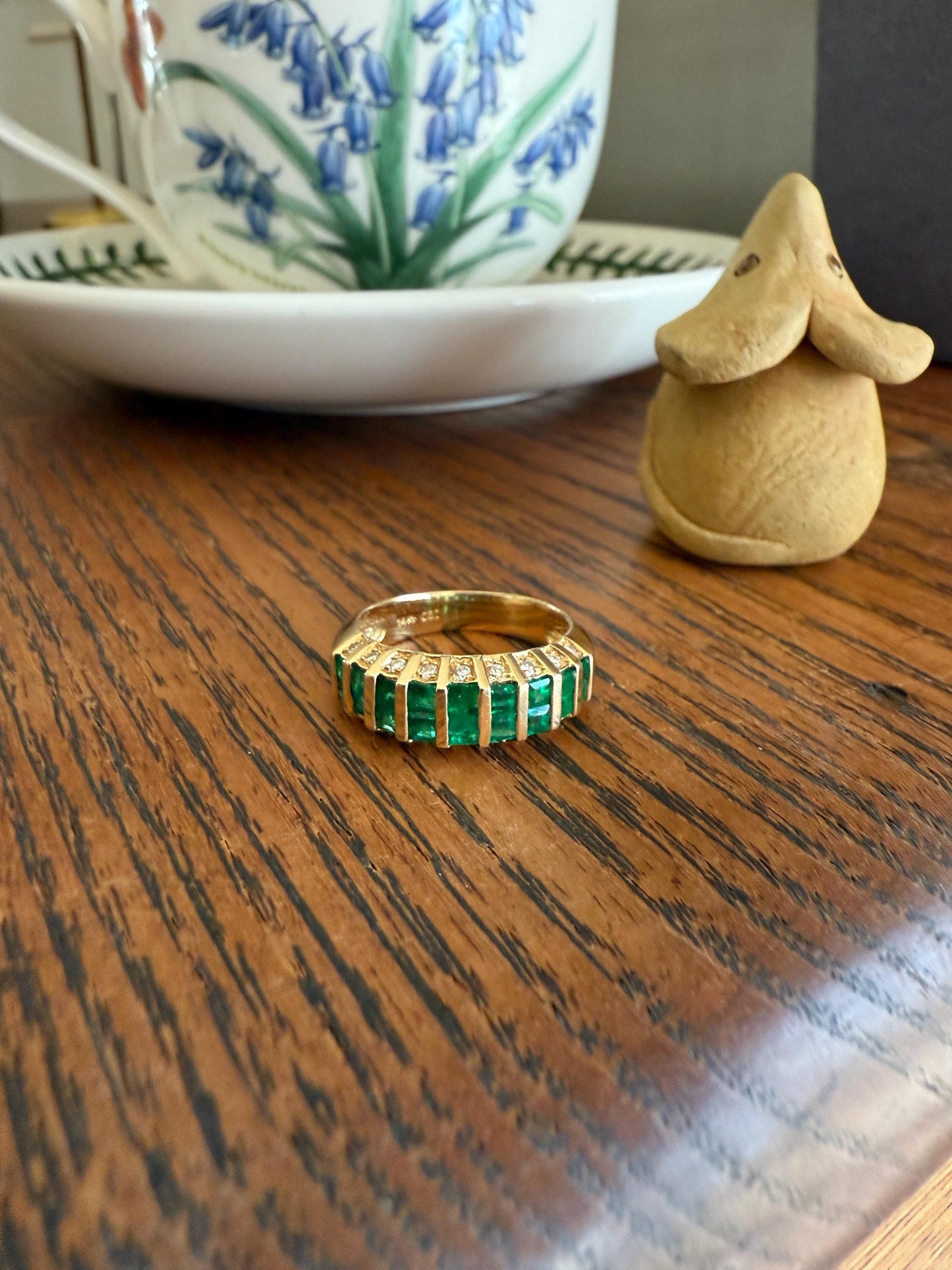 Vintage Square Cut Natural EMERALD Diamonds Edged BAND 14k Gold Solid Ring Retro Lined Stacker Crown Vibrant Green Sparkle
