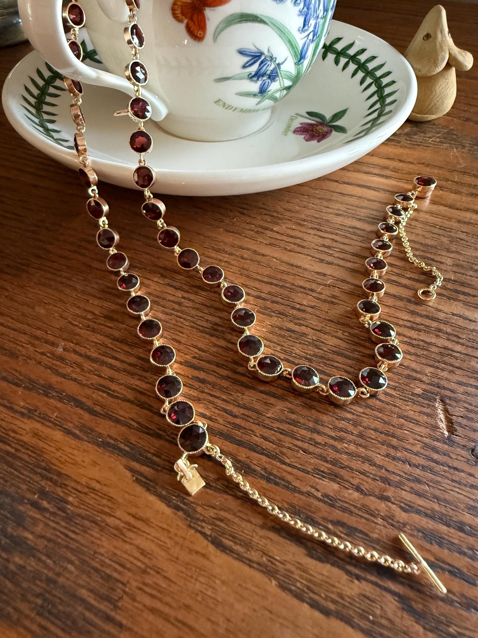 Almandine GARNET 46 Stone Riviera Station Chain 14k GOLD Necklace Vintage to Antique Romantic Gift Neckmess Neckstack Pendant Holder
