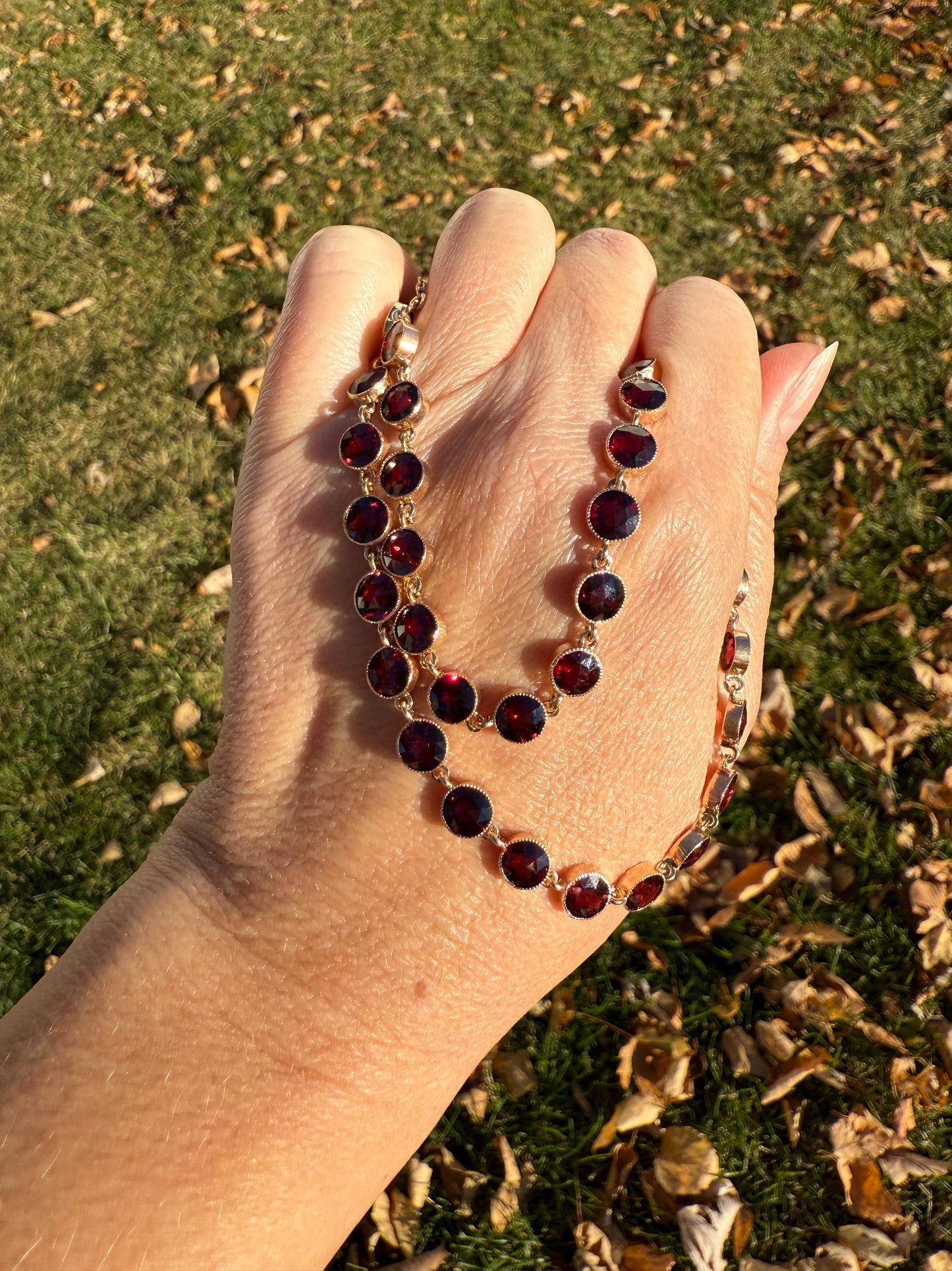 Almandine GARNET 46 Stone Riviera Station Chain 14k GOLD Necklace Vintage to Antique Romantic Gift Neckmess Neckstack Pendant Holder