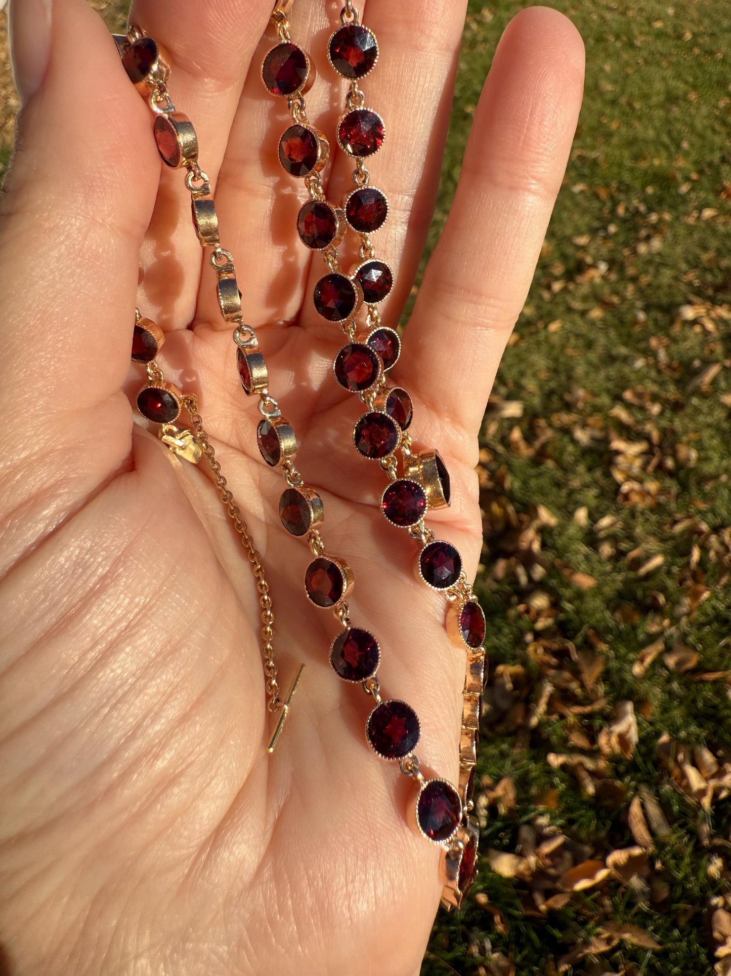 Almandine GARNET 46 Stone Riviera Station Chain 14k GOLD Necklace Vintage to Antique Romantic Gift Neckmess Neckstack Pendant Holder