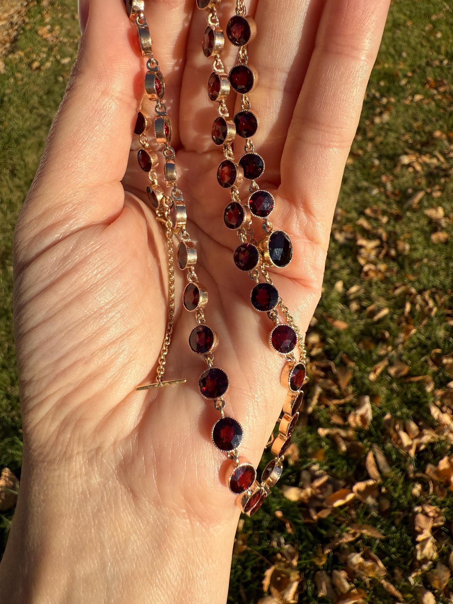 Almandine GARNET 46 Stone Riviera Station Chain 14k GOLD Necklace Vintage to Antique Romantic Gift Neckmess Neckstack Pendant Holder