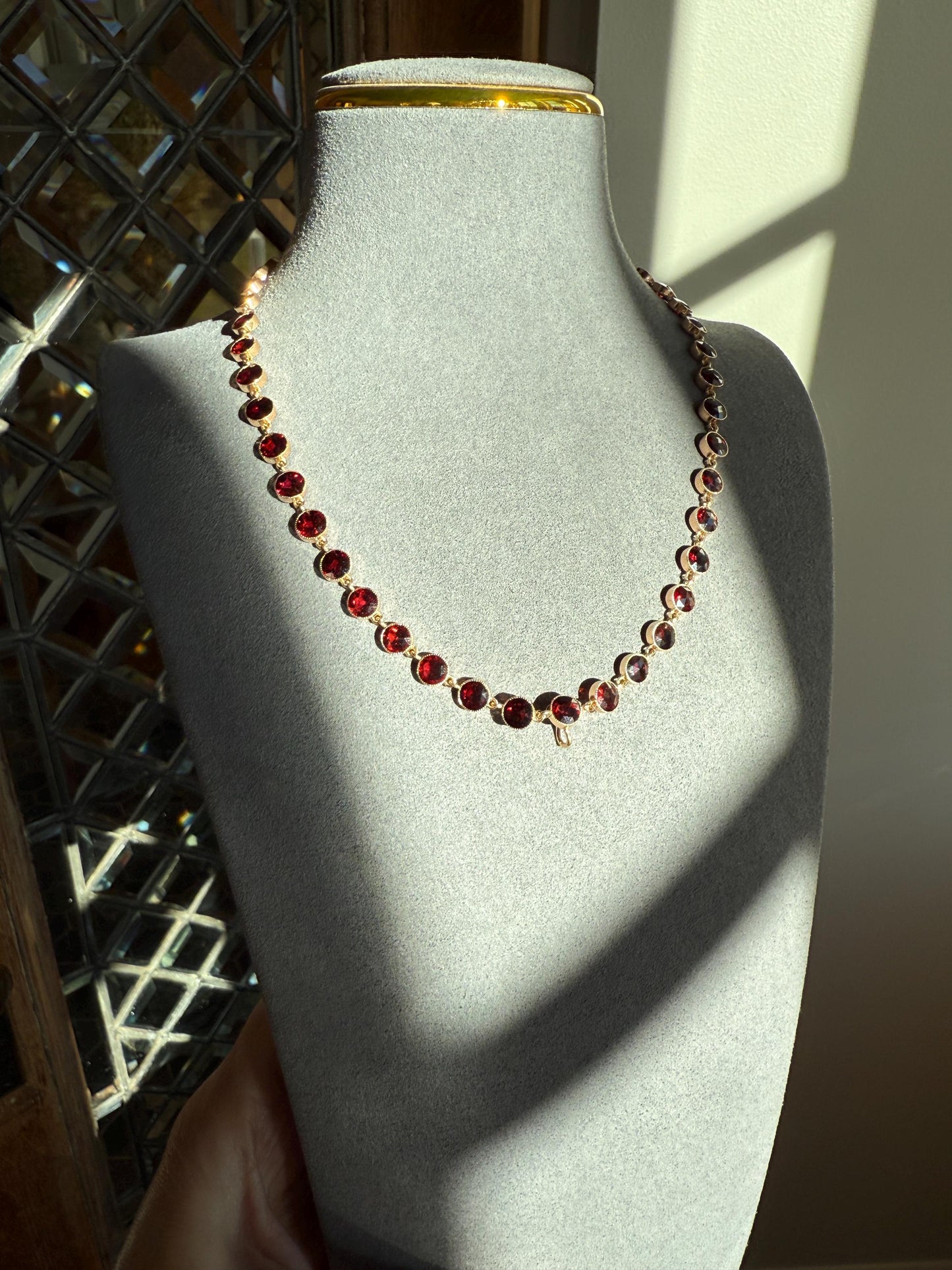 Almandine GARNET 46 Stone Riviera Station Chain 14k GOLD Necklace Vintage to Antique Romantic Gift Neckmess Neckstack Pendant Holder