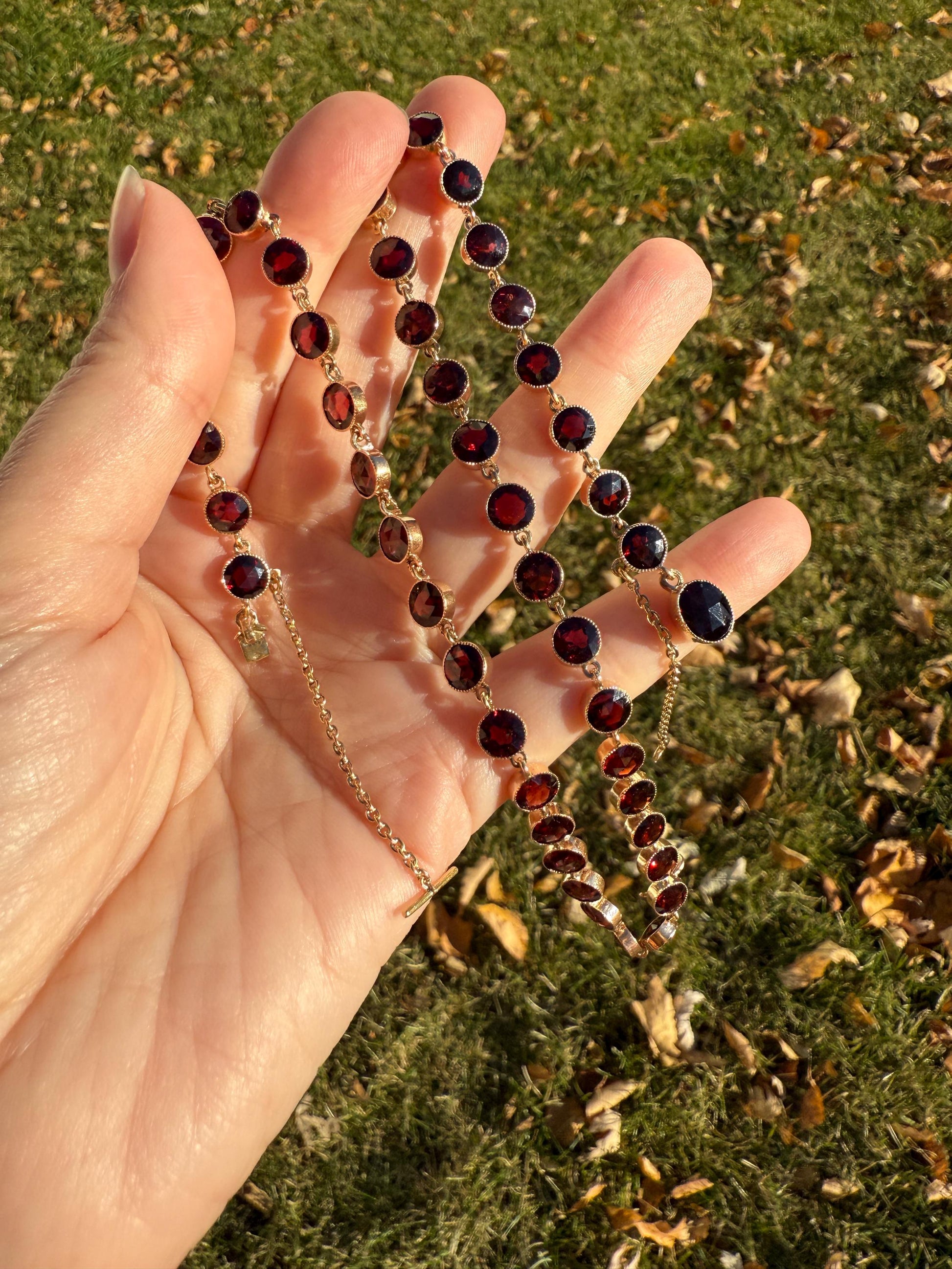 Almandine GARNET 46 Stone Riviera Station Chain 14k GOLD Necklace Vintage to Antique Romantic Gift Neckmess Neckstack Pendant Holder