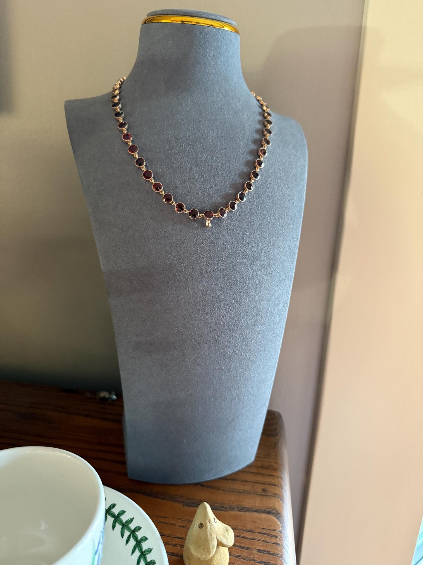 Almandine GARNET 46 Stone Riviera Station Chain 14k GOLD Necklace Vintage to Antique Romantic Gift Neckmess Neckstack Pendant Holder