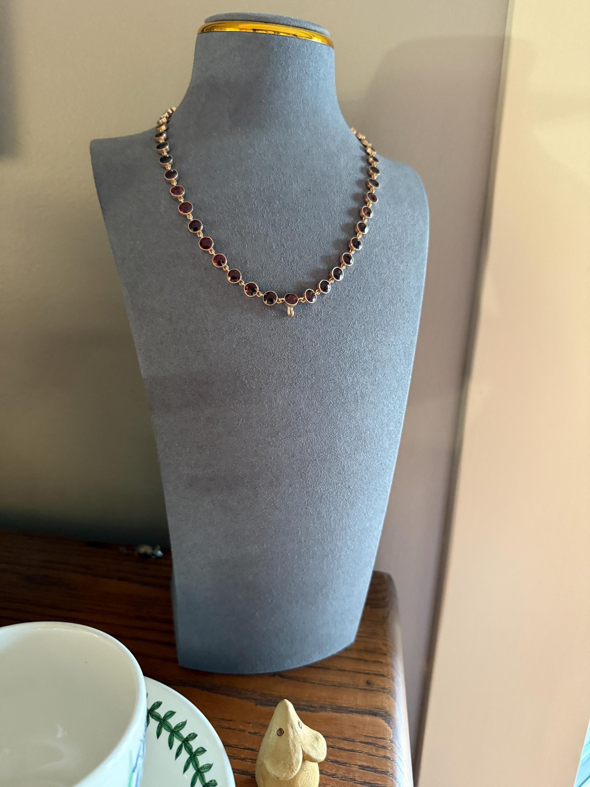 Almandine GARNET 46 Stone Riviera Station Chain 14k GOLD Necklace Vintage to Antique Romantic Gift Neckmess Neckstack Pendant Holder