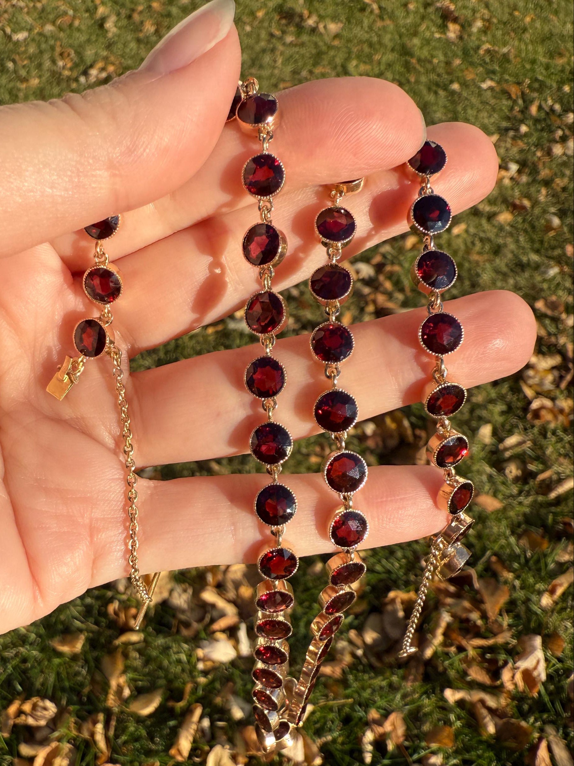 Almandine GARNET 46 Stone Riviera Station Chain 14k GOLD Necklace Vintage to Antique Romantic Gift Neckmess Neckstack Pendant Holder