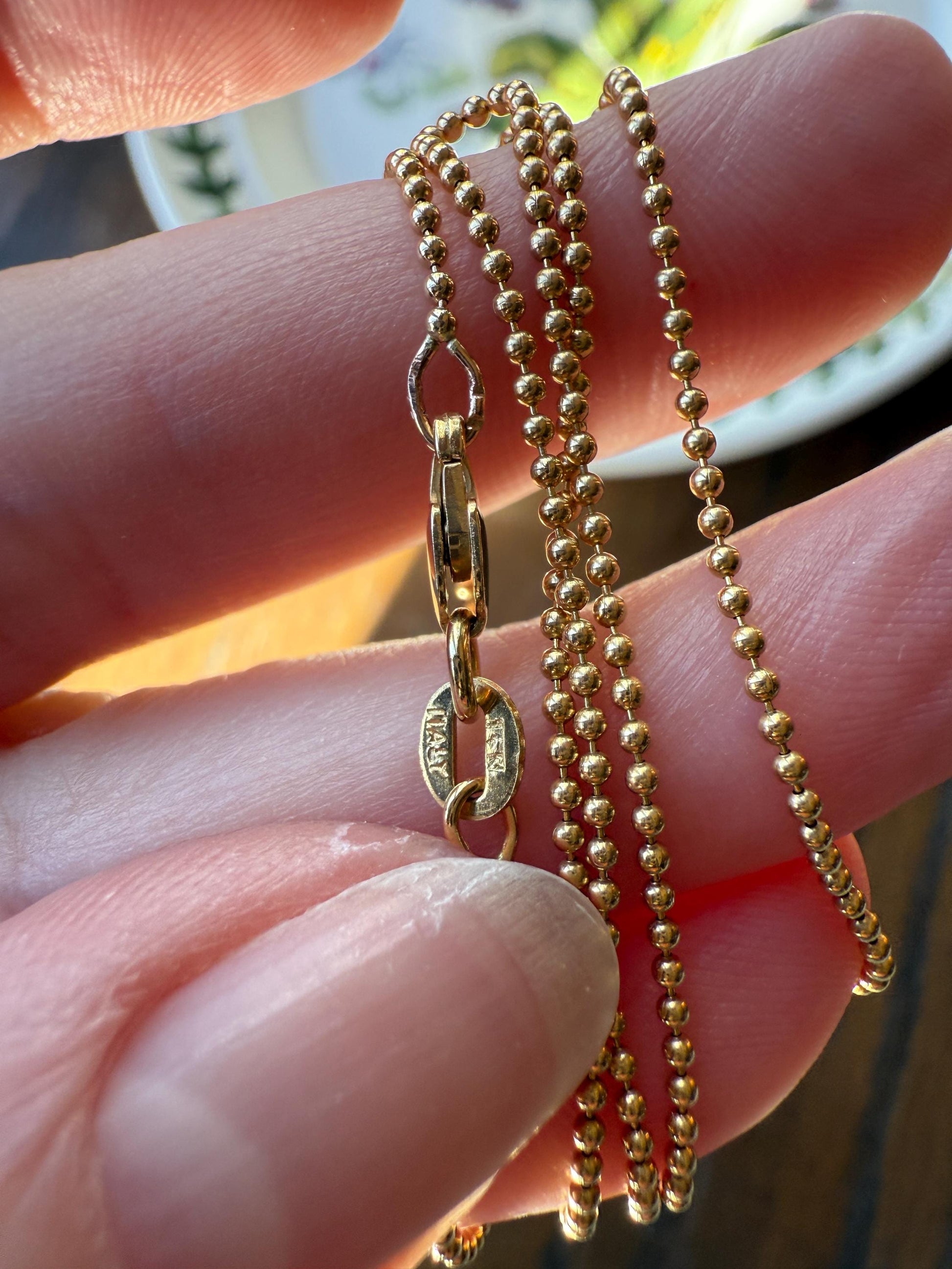 Vintage Teeny Tiny Mini Bead 14k Gold Pearl 16" Chain Necklace Solid Ball Rivet Minimalist Layering Pendant Holder Shimmer Neckmess Gift