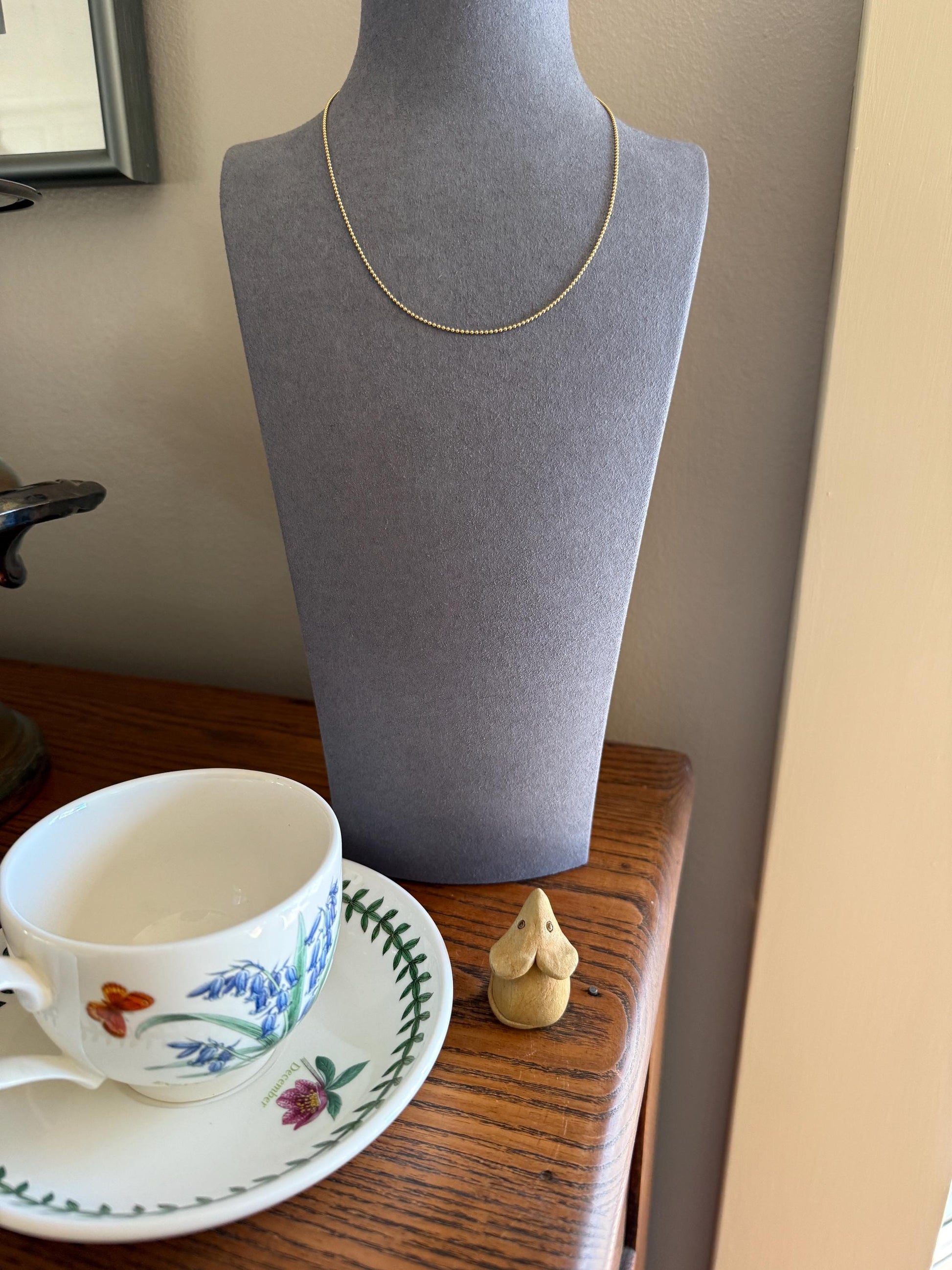 Vintage Teeny Tiny Mini Bead 14k Gold Pearl 16" Chain Necklace Solid Ball Rivet Minimalist Layering Pendant Holder Shimmer Neckmess Gift