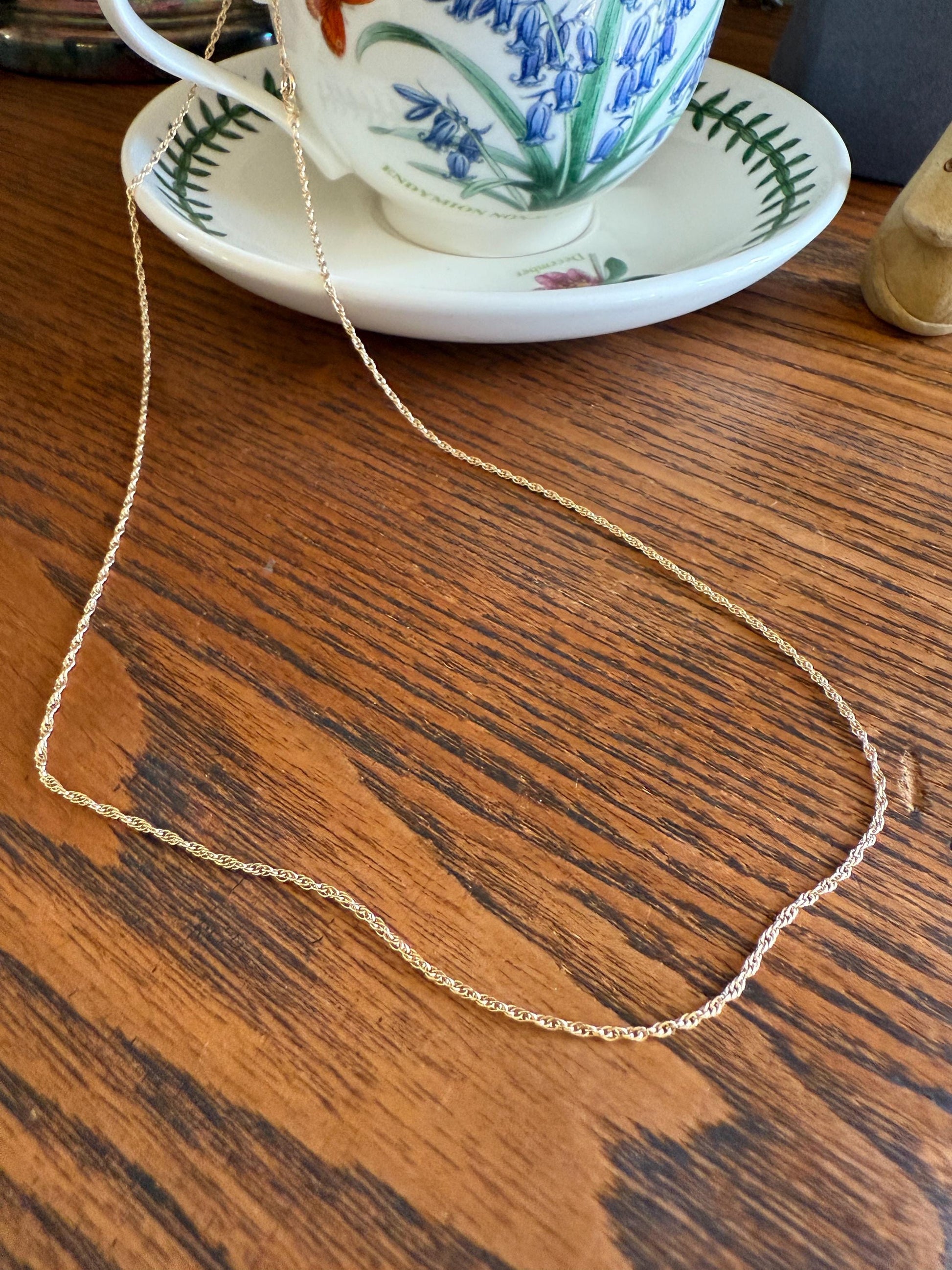 Vintage Dainty Braided Chain 14k Gold Solid Necklace Solid 19.75 Inches Minimalist Layering Pendant Holder Shimmer Neckmess Gift