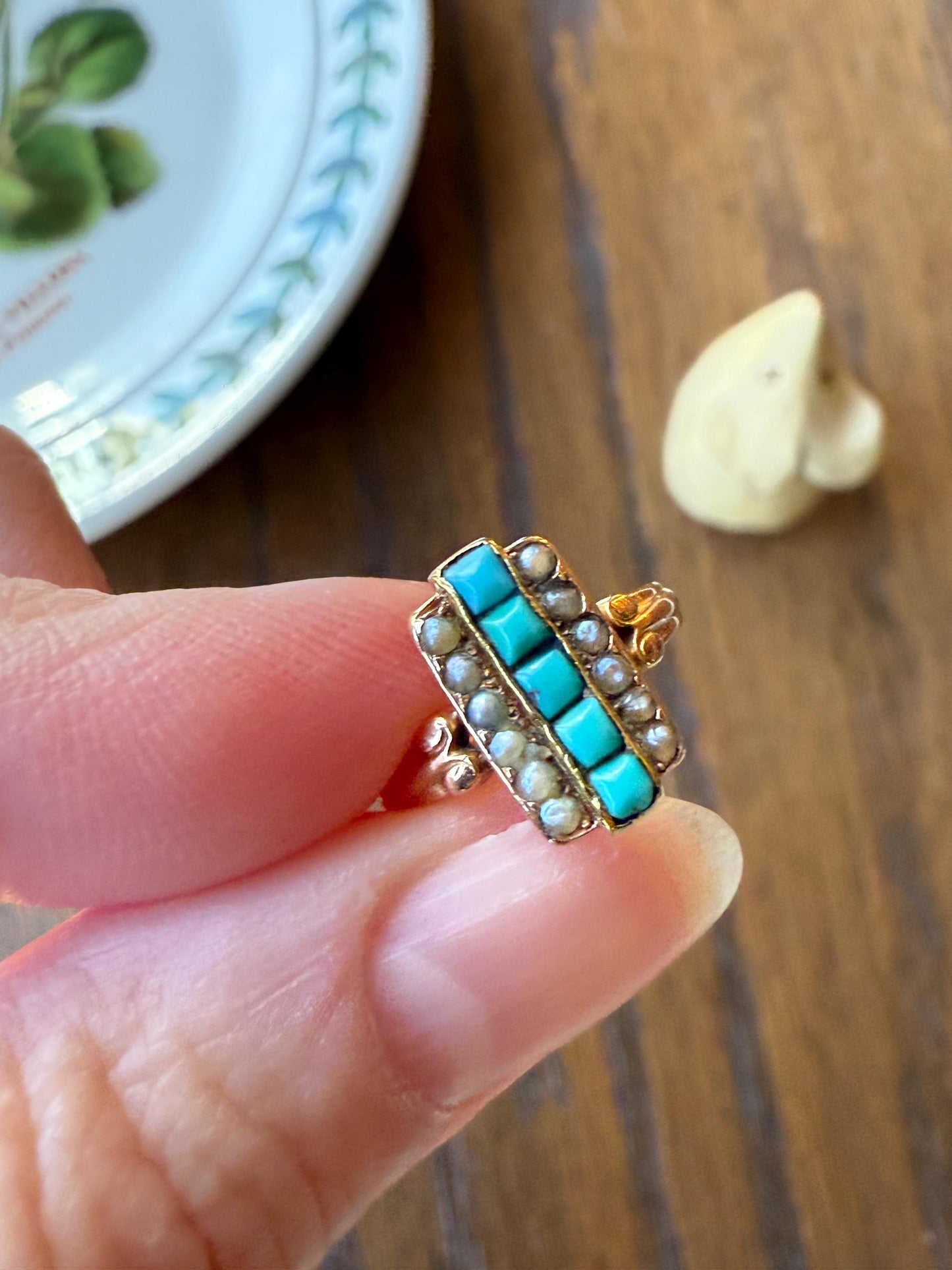 Antique 18k Gold French Turquoise Seed Pearl Linear Pinky Midi Ring Victorian Era Baby Child's Geometric Blue Dainty