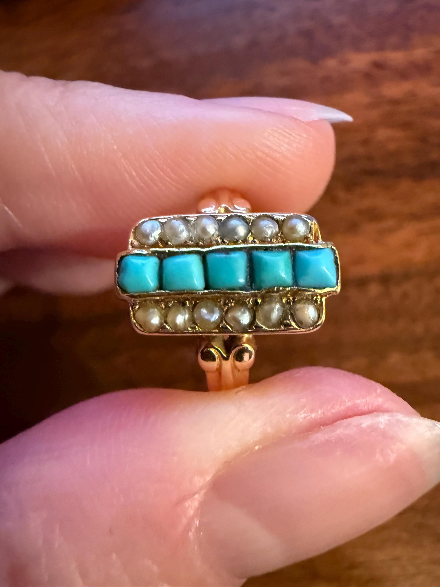 Antique 18k Gold French Turquoise Seed Pearl Linear Pinky Midi Ring Victorian Era Baby Child's Geometric Blue Dainty