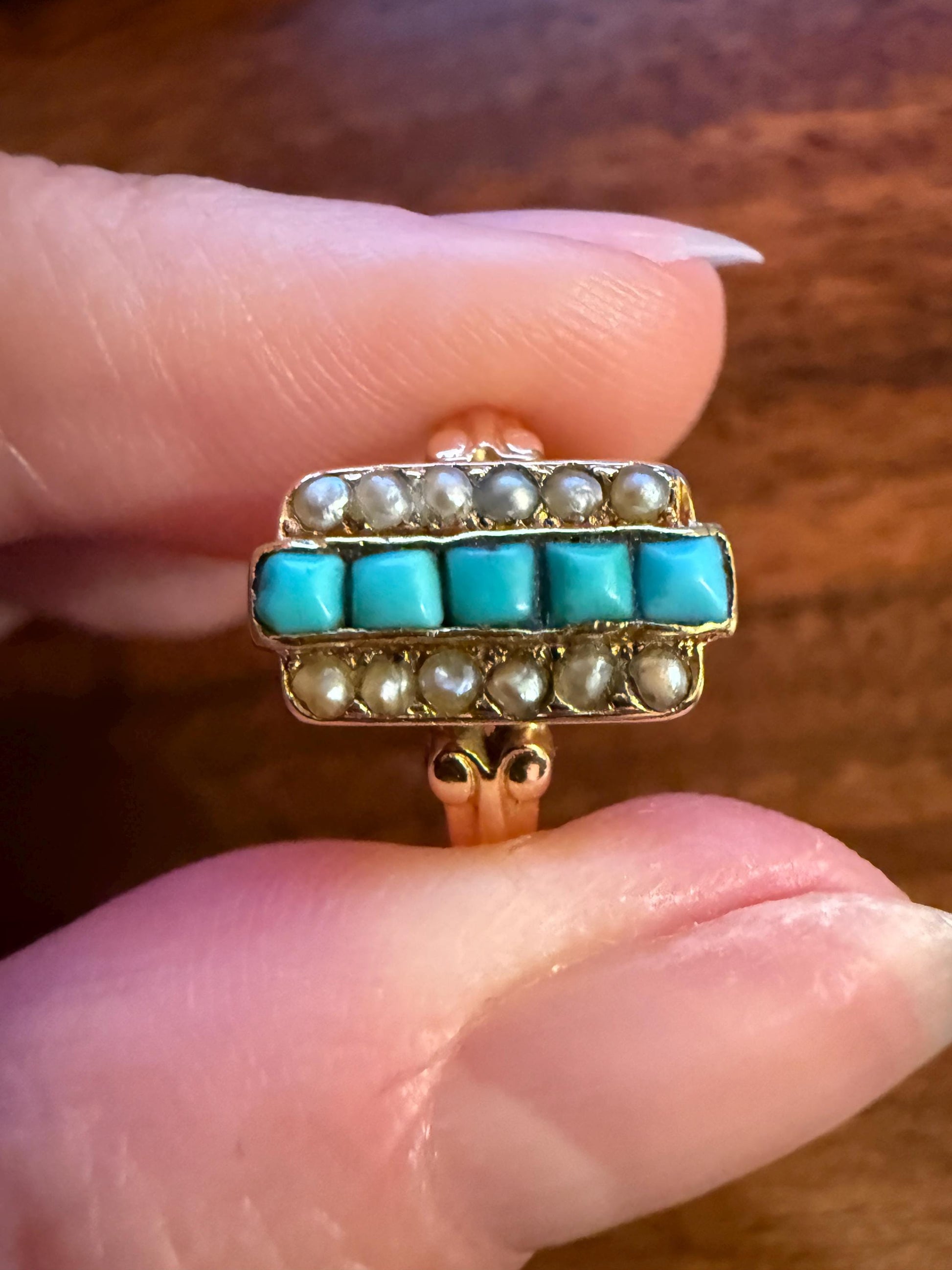 Antique 18k Gold French Turquoise Seed Pearl Linear Pinky Midi Ring Victorian Era Baby Child's Geometric Blue Dainty