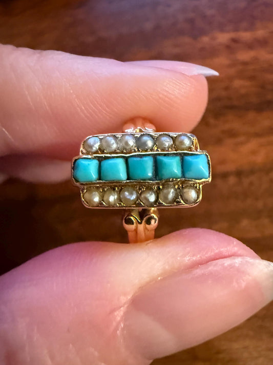 Antique 18k Gold French Turquoise Seed Pearl Linear Pinky Midi Ring Victorian Era Baby Child's Geometric Blue Dainty