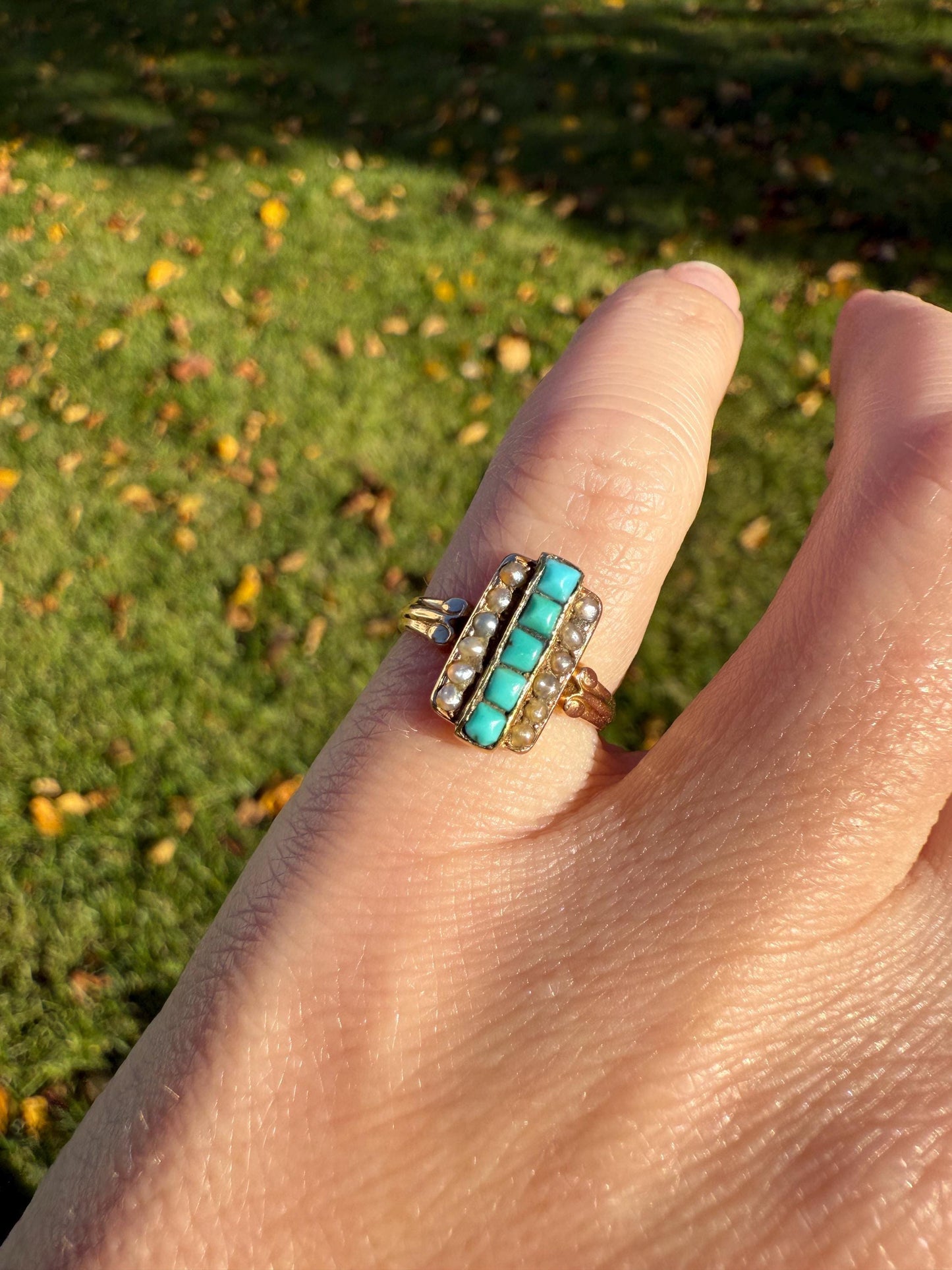 Antique 18k Gold French Turquoise Seed Pearl Linear Pinky Midi Ring Victorian Era Baby Child's Geometric Blue Dainty